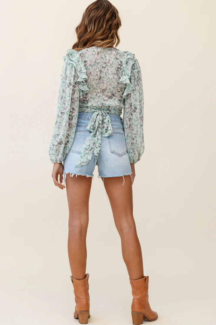 Hello, Dolly! Long Sleeve Waist Tie Crop Top Floral Print Green - Image 3