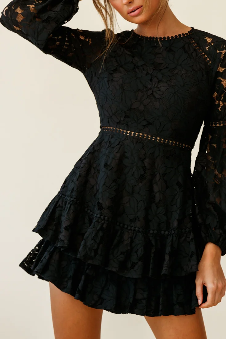 Henrietta Lace Overlay Long Sleeve Ruffle Dress Black - Image 5