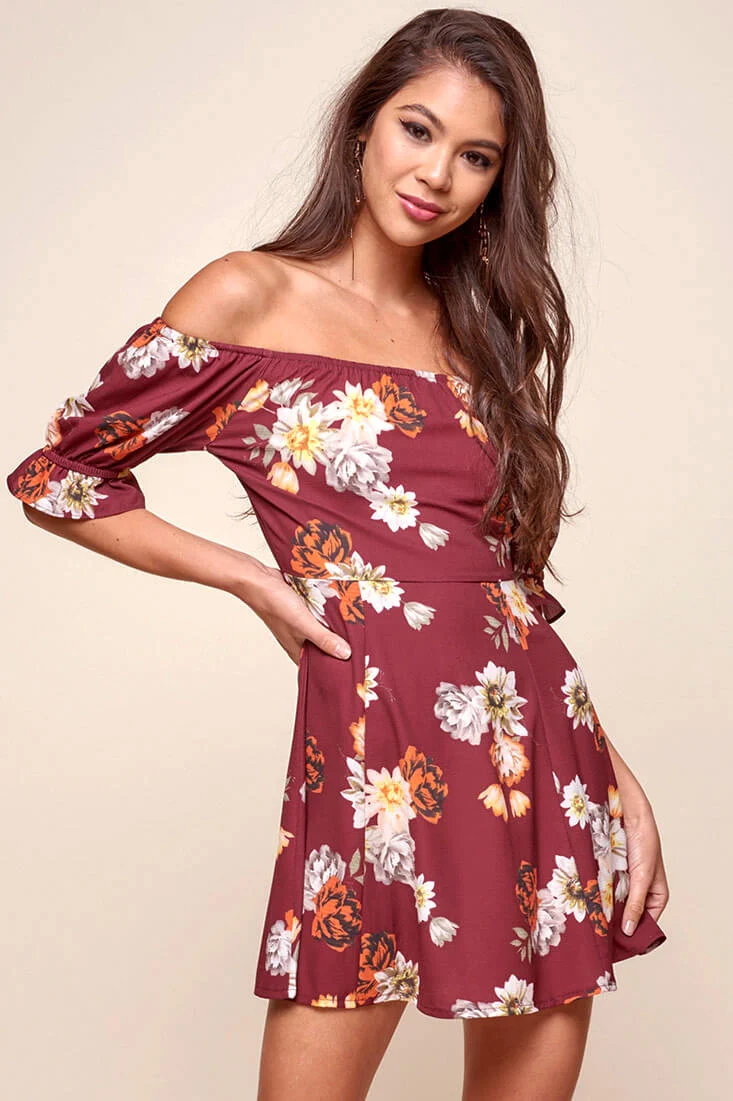 Hera Off the Shoulder Fit and Flare Floral Dress Red - Image 2