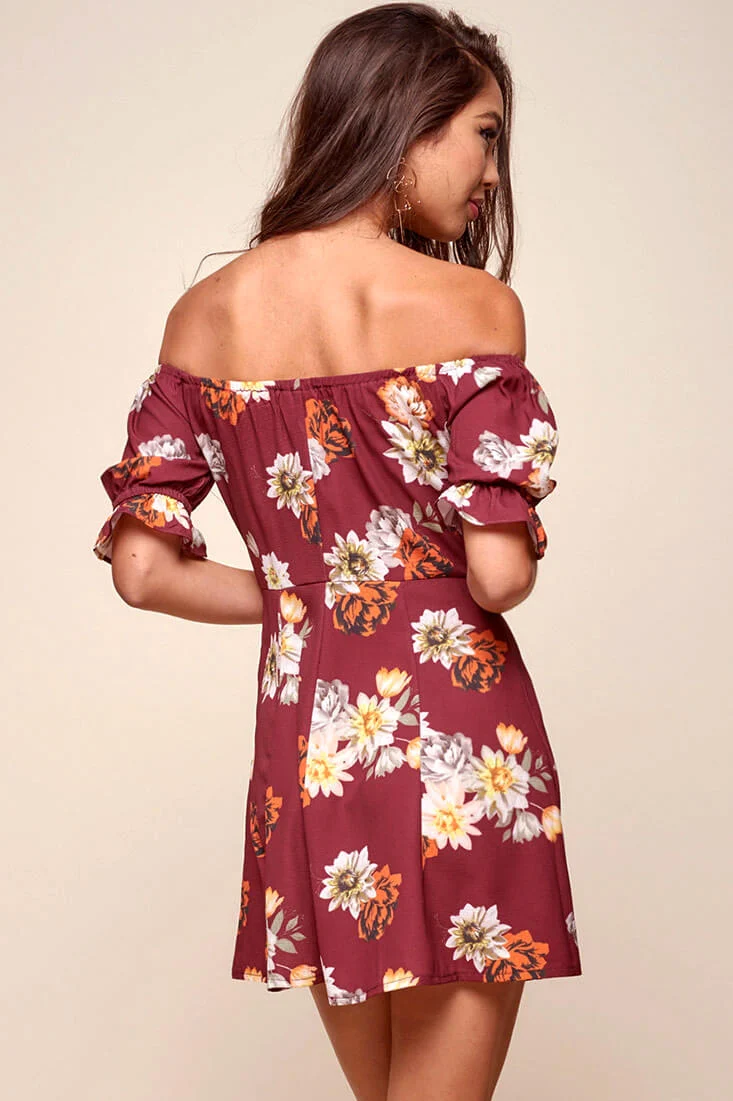 Hera Off the Shoulder Fit and Flare Floral Dress Red - Image 5