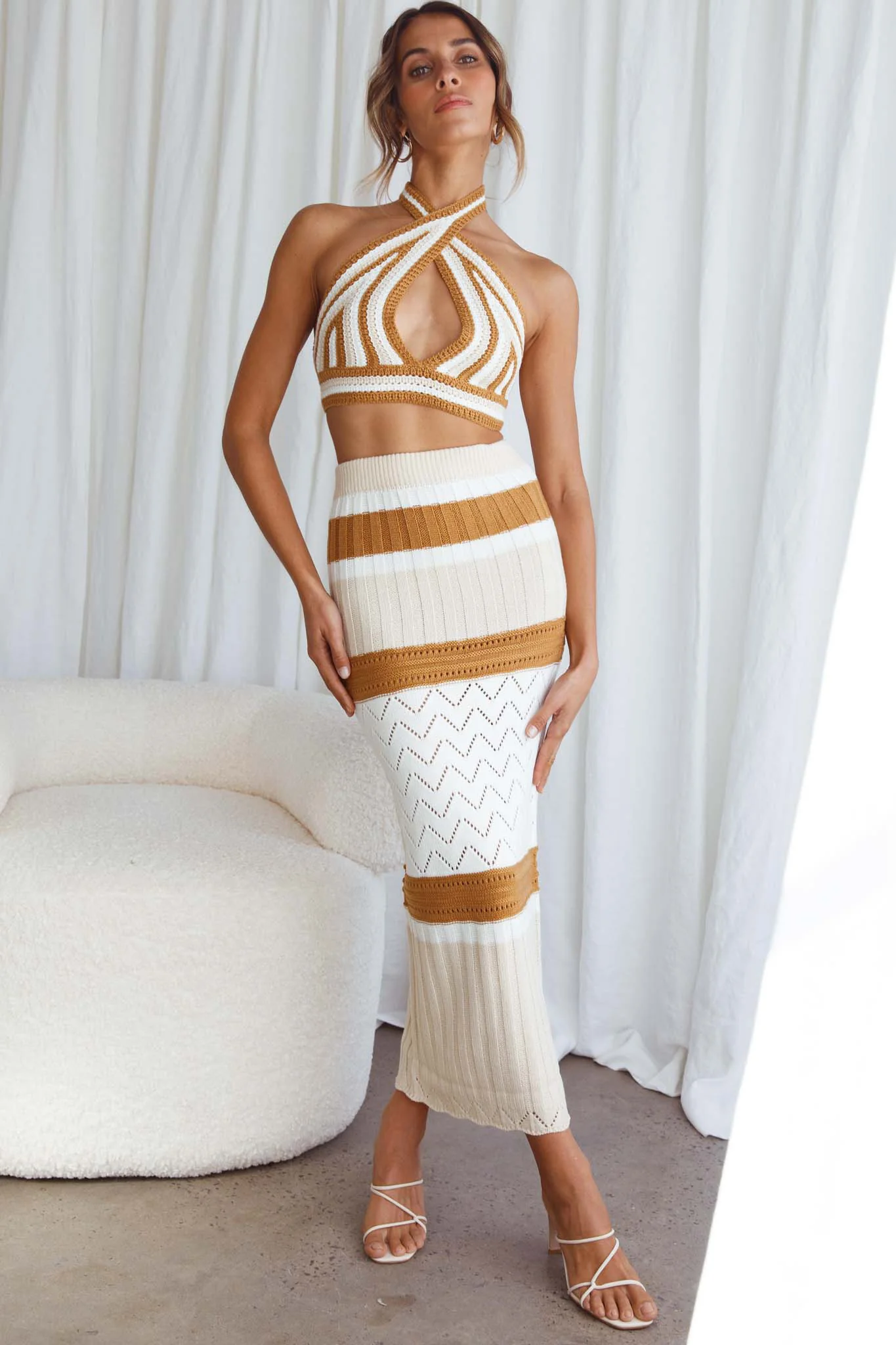 Higher Love Knit Halterneck Crop Top Striped Camel - Image 5