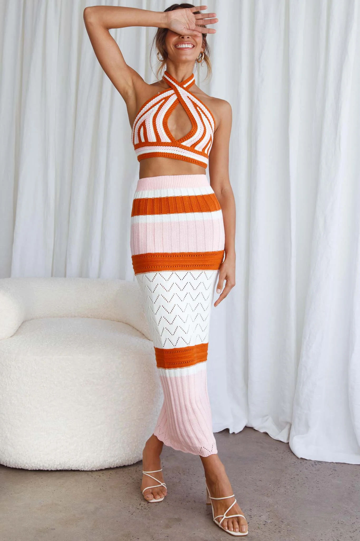 Higher Love Knit Halterneck Crop Top Striped Orange - Image 4