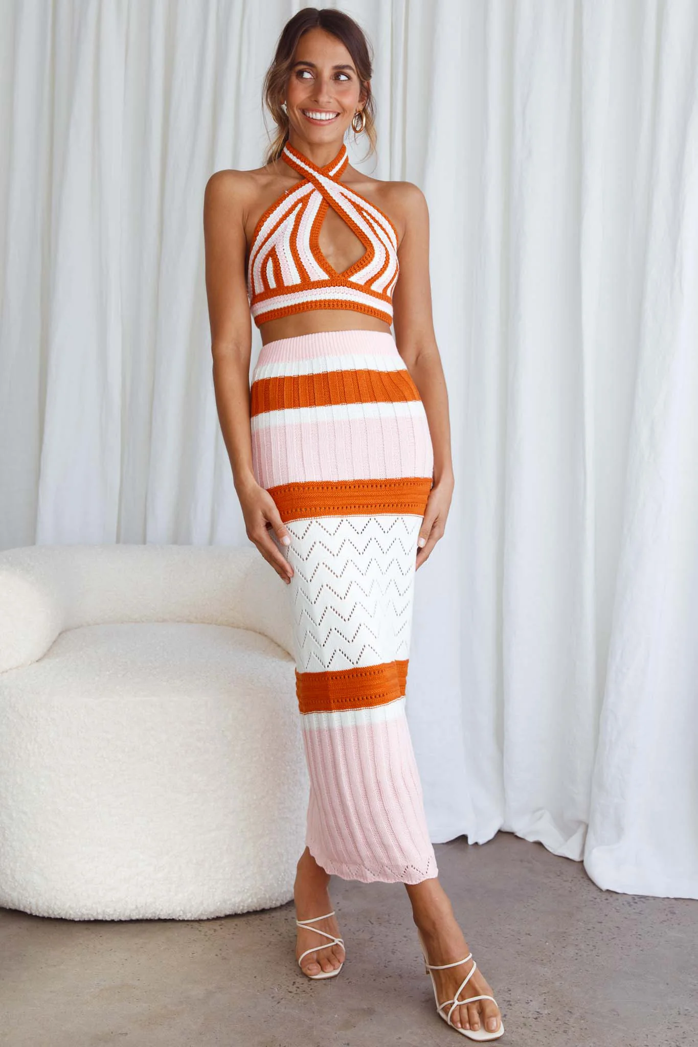 Higher Love Knit Halterneck Crop Top Striped Orange - Image 7