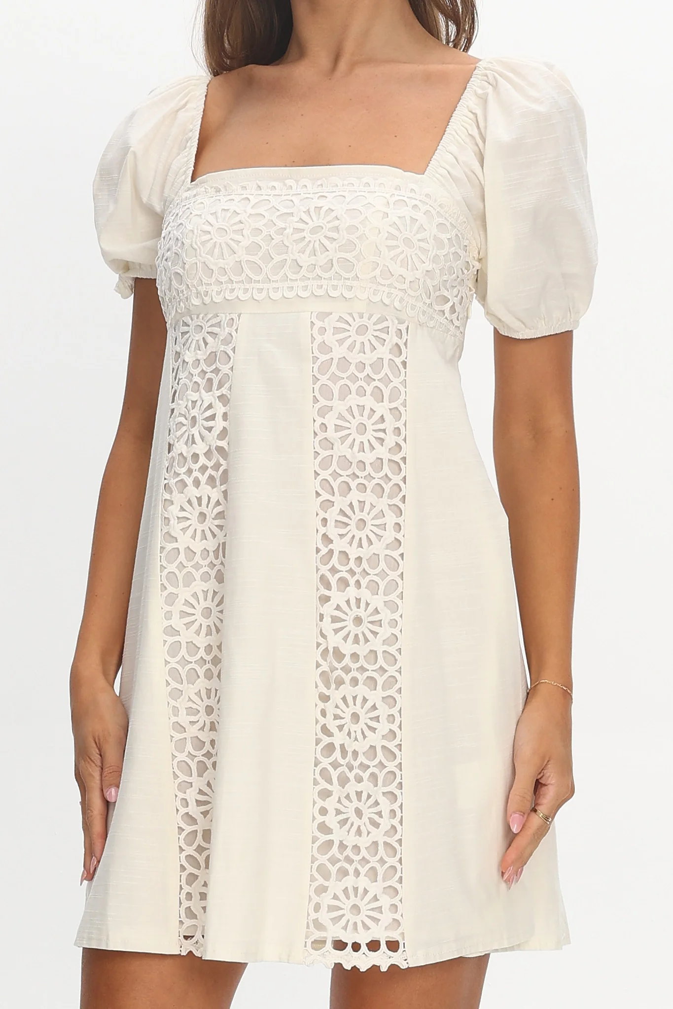 Highlight Reels Puff Sleeve Lace Mini Dress Cream - Image 4