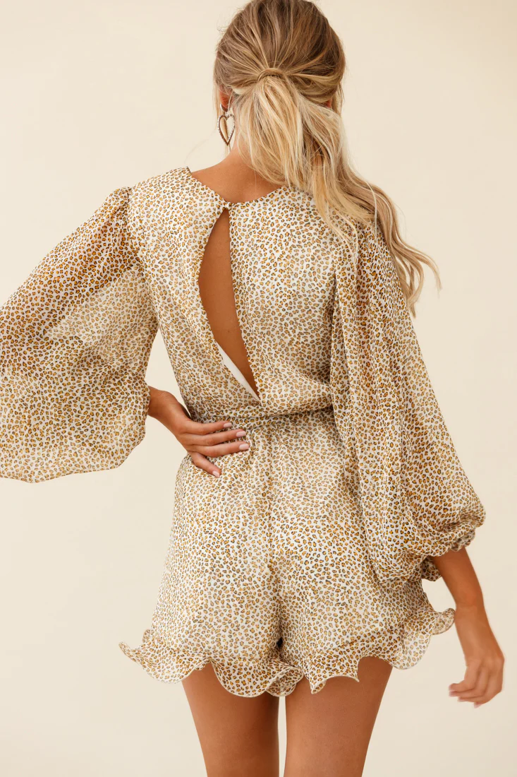 Hilda Long Sleeve Waist Tie Romper Leopard Print Mustard - Image 3