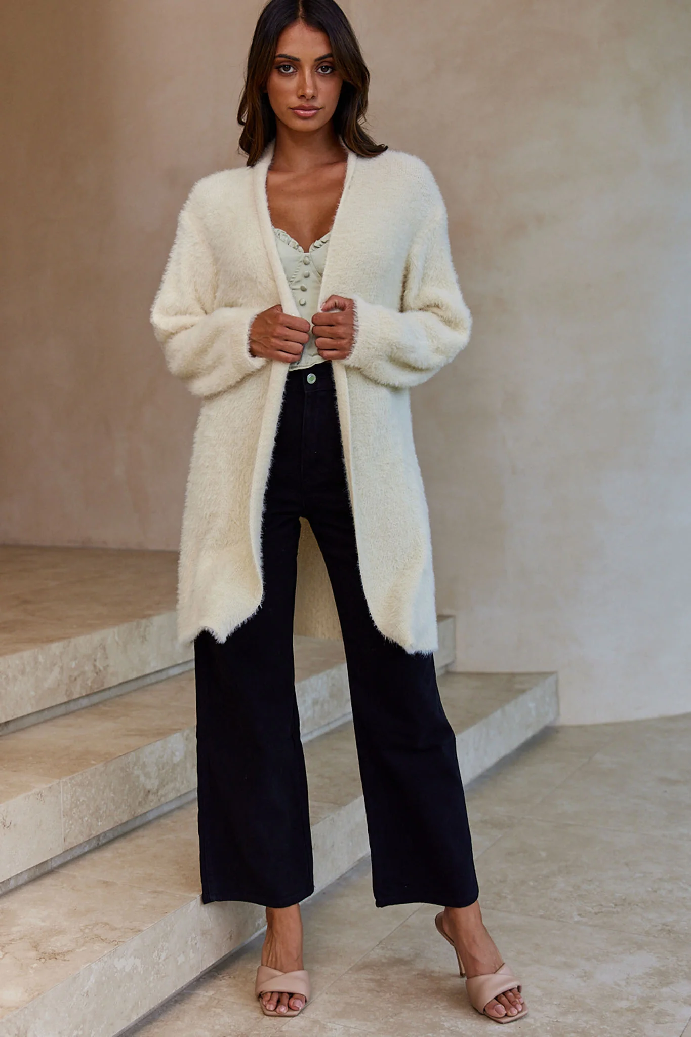 Hold The Phone Long Sleeve Fuzzy Duster Cardigan Cream - Image 6