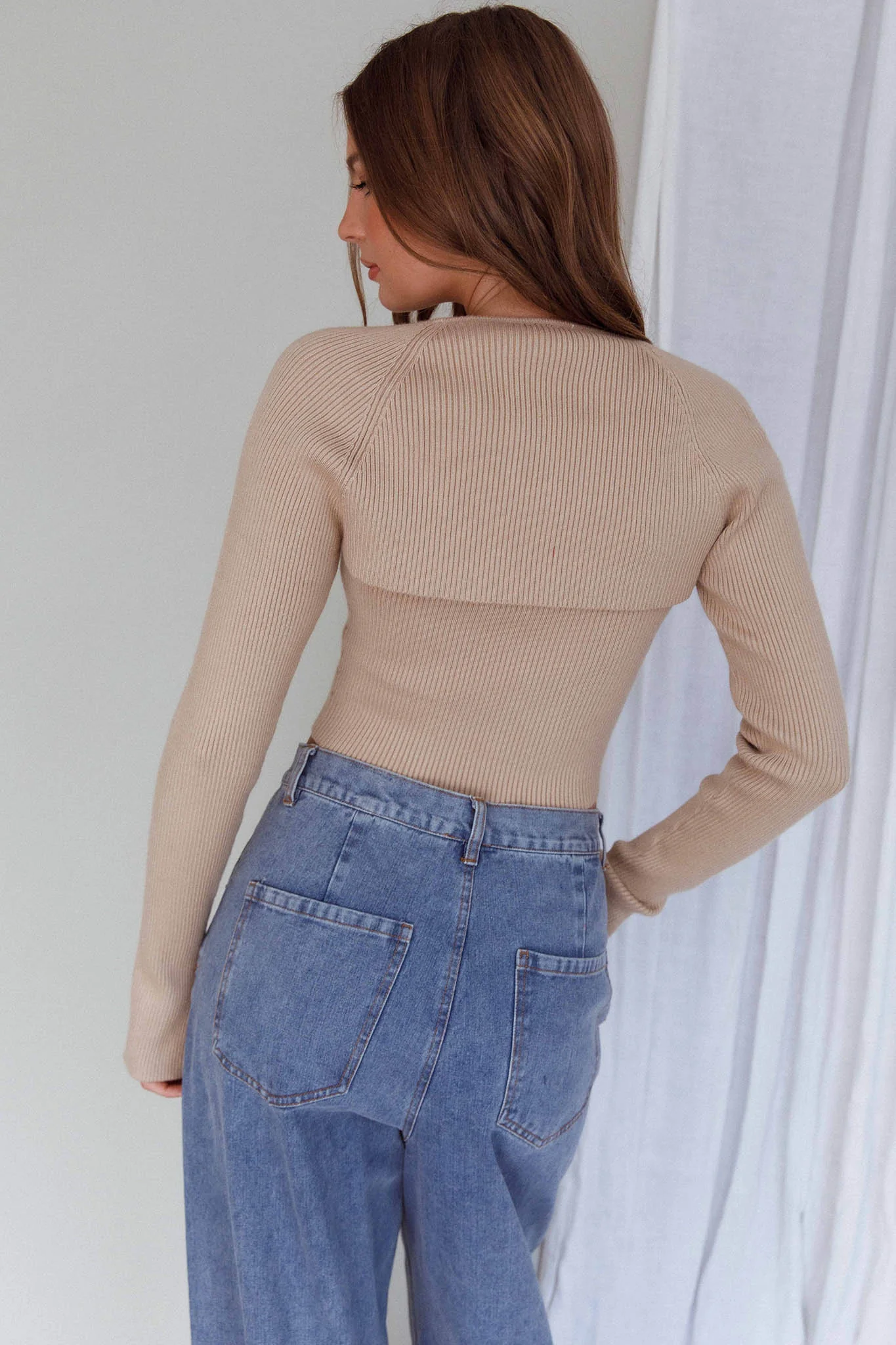 Holland One Shoulder Knit Top & Long Sleeve Shrug Latte - Image 2