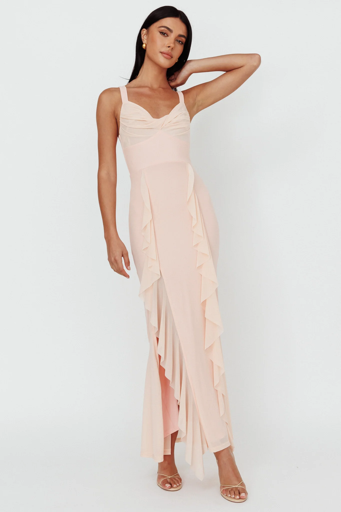 Hollianna Ruffle Trim Split Maxi Dress Champagne - Image 5