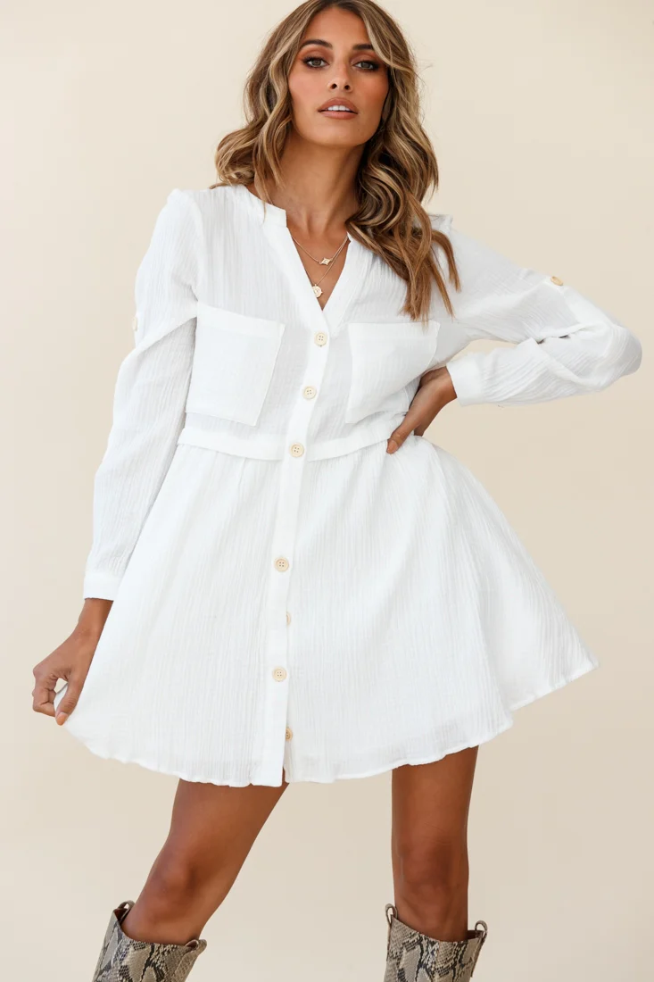 Holly Long Sleeve Double Pocket Shirt Dress White - Image 2