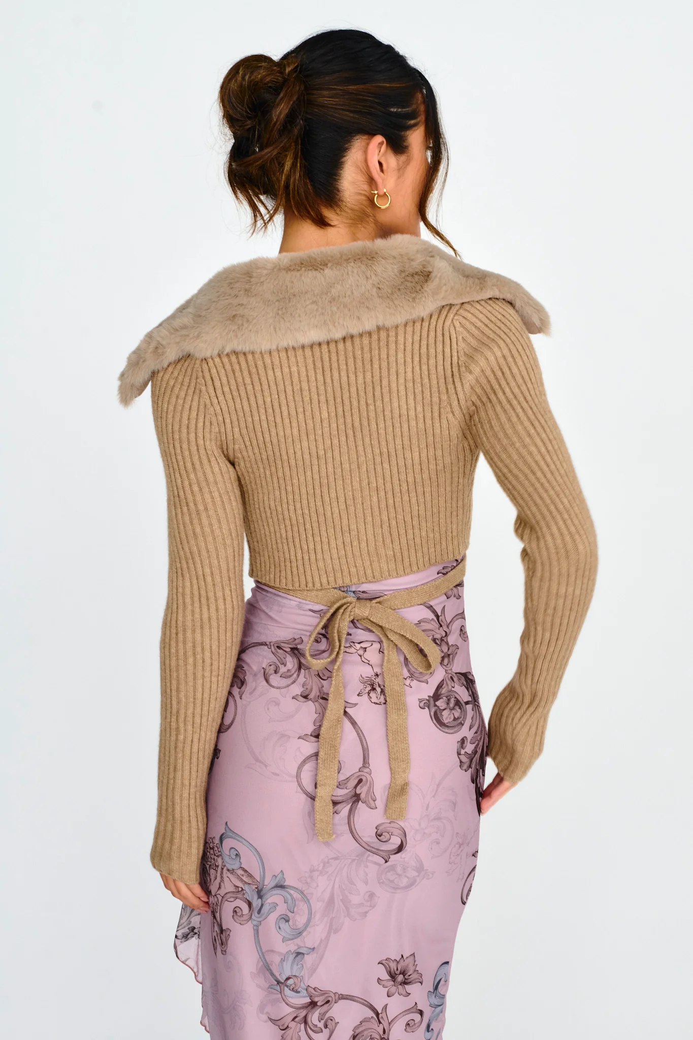 Hollyoak Fur Collar Knit Crop Top Oatmeal - Image 2