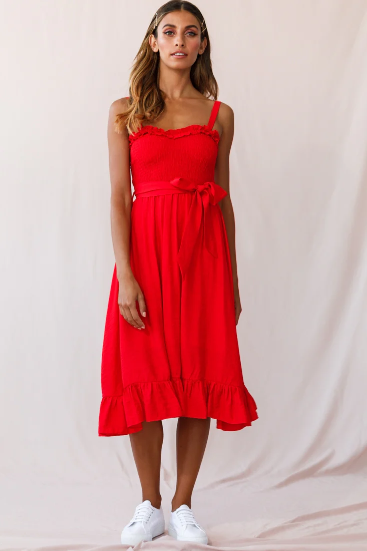 Honey Shirred Frill Midi Dress Red - Image 5