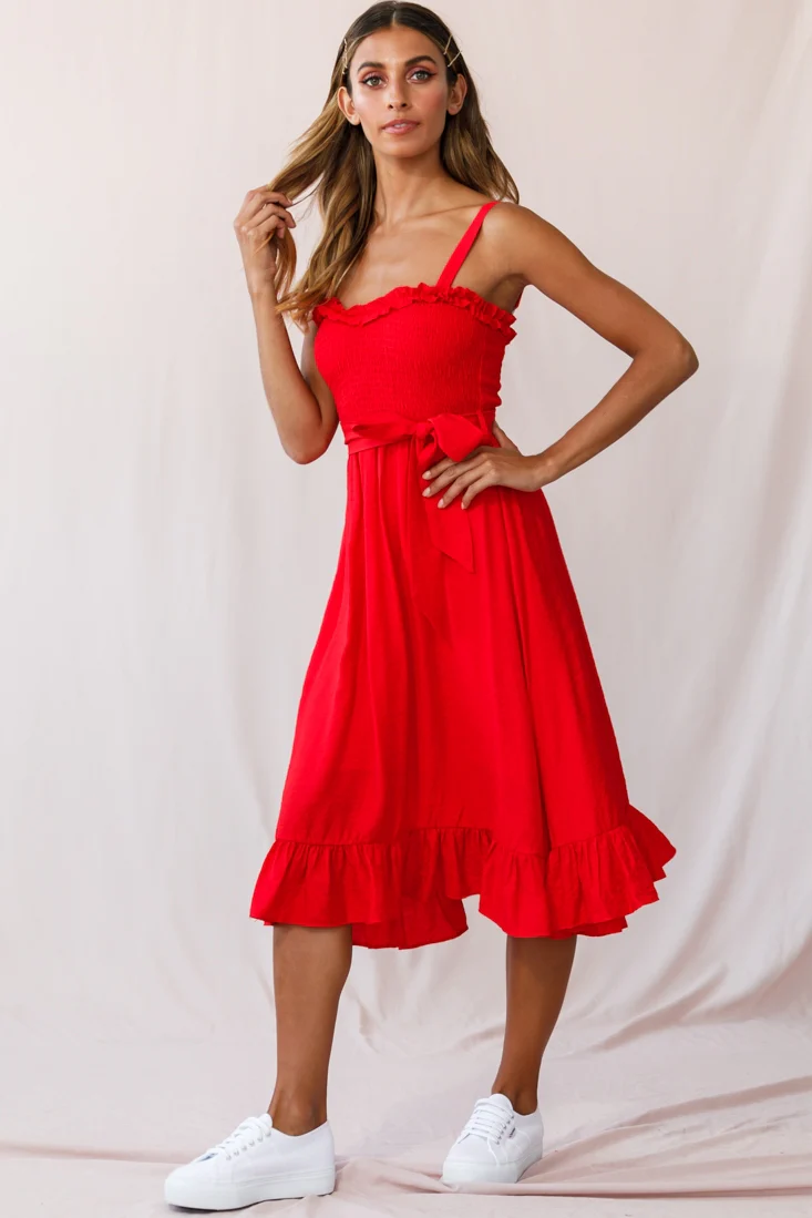 Honey Shirred Frill Midi Dress Red - Image 6