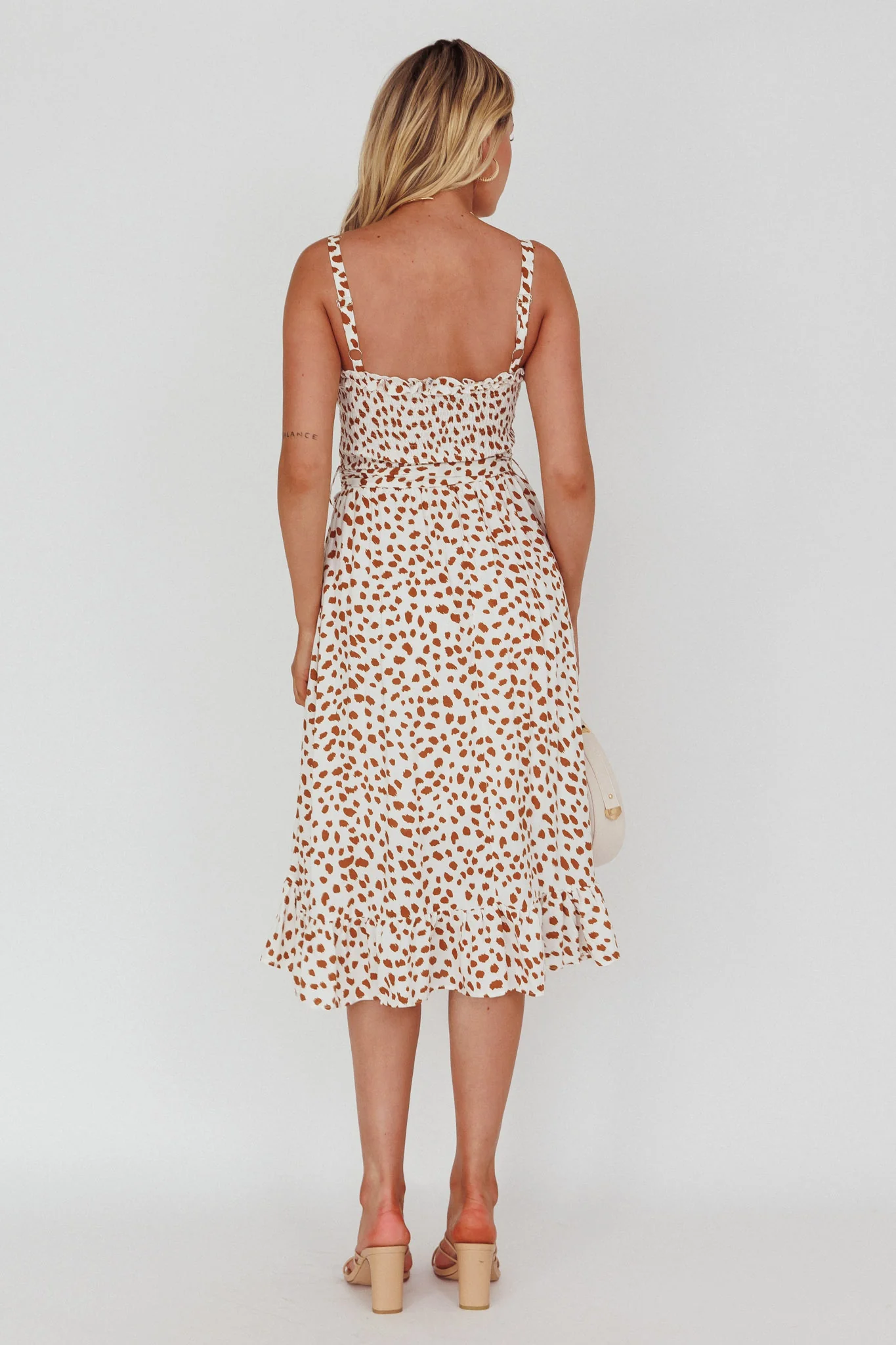 Honey Shirred Frill Midi Dress White/Brown - Image 2