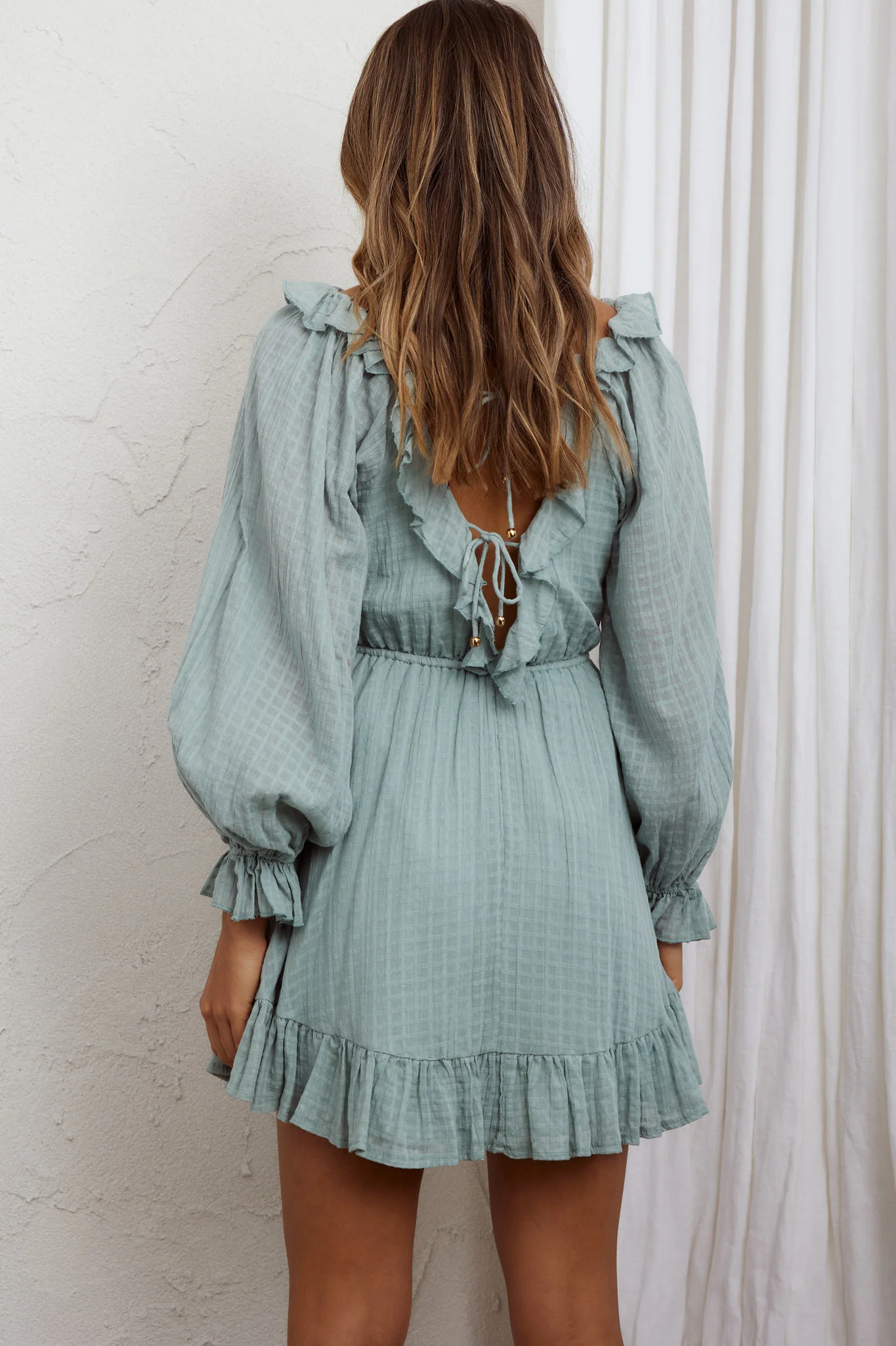 Hooked On A Feeling Long Sleeve String Tie Back Mini Dress Sage - Image 2