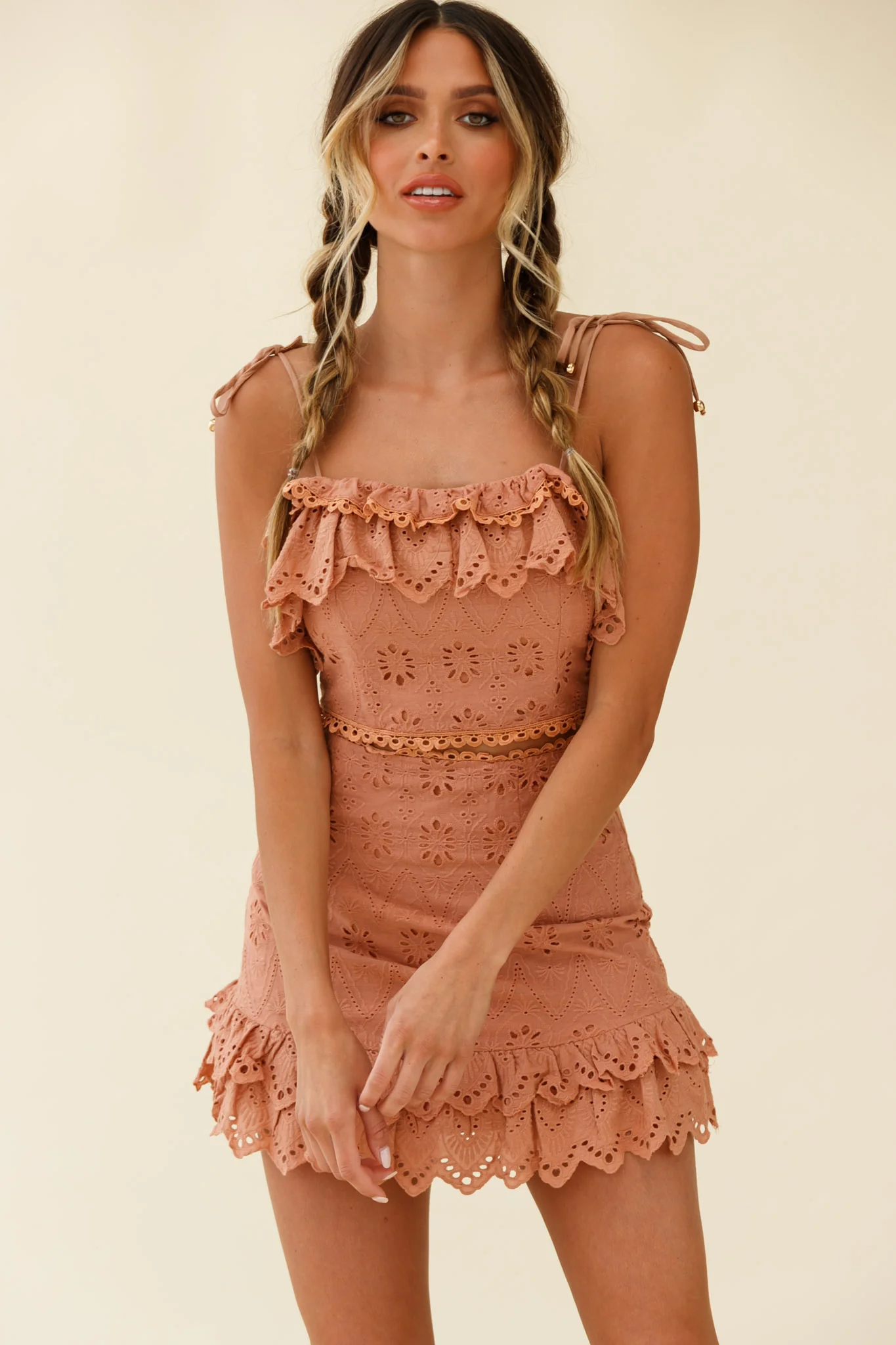 Houston Scalloped Hem Broderie Anglaise Mini Skirt Tan - Image 4