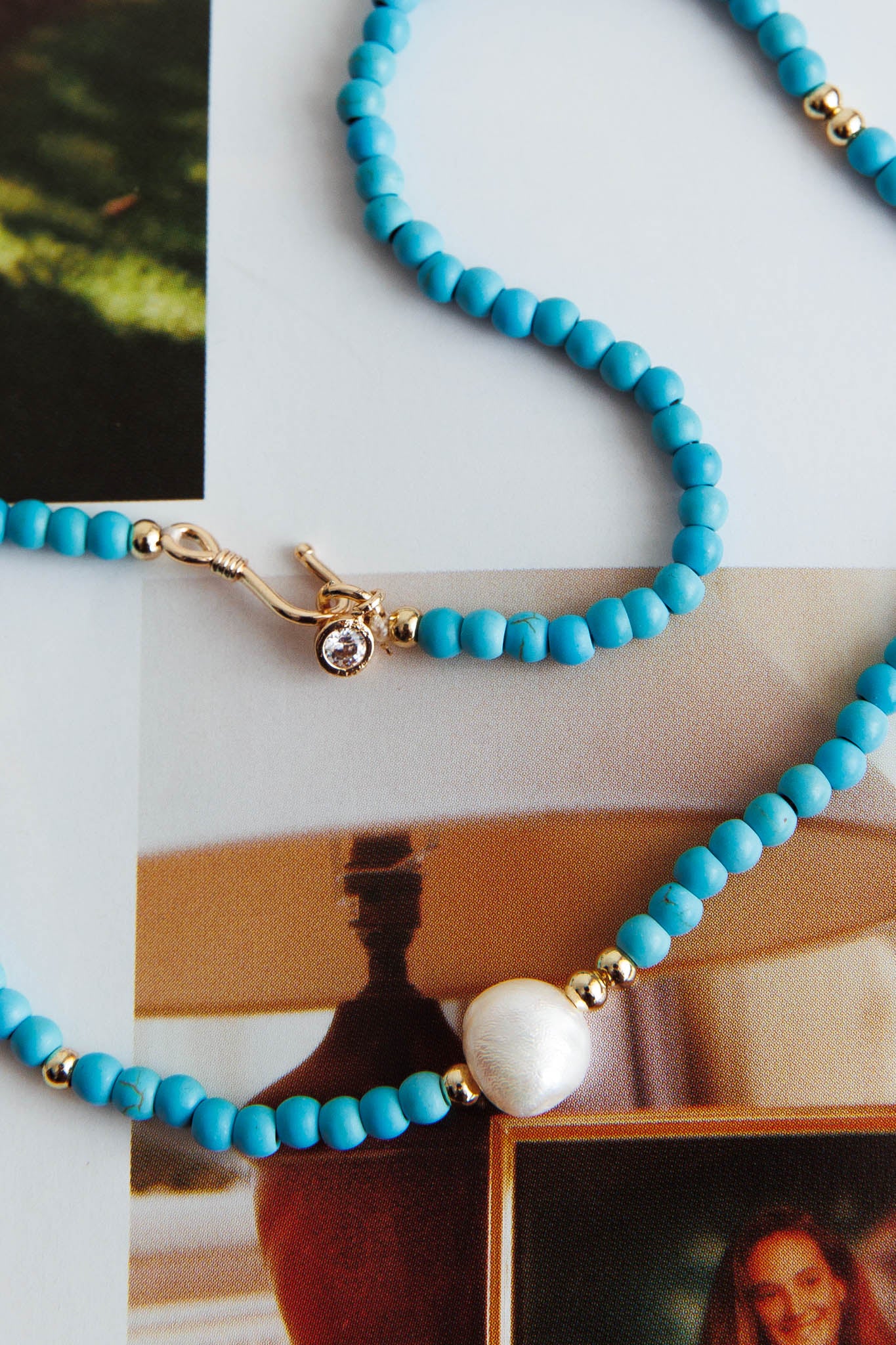 Ibiza Turquoise Bead Pearl Necklace Gold - Image 2