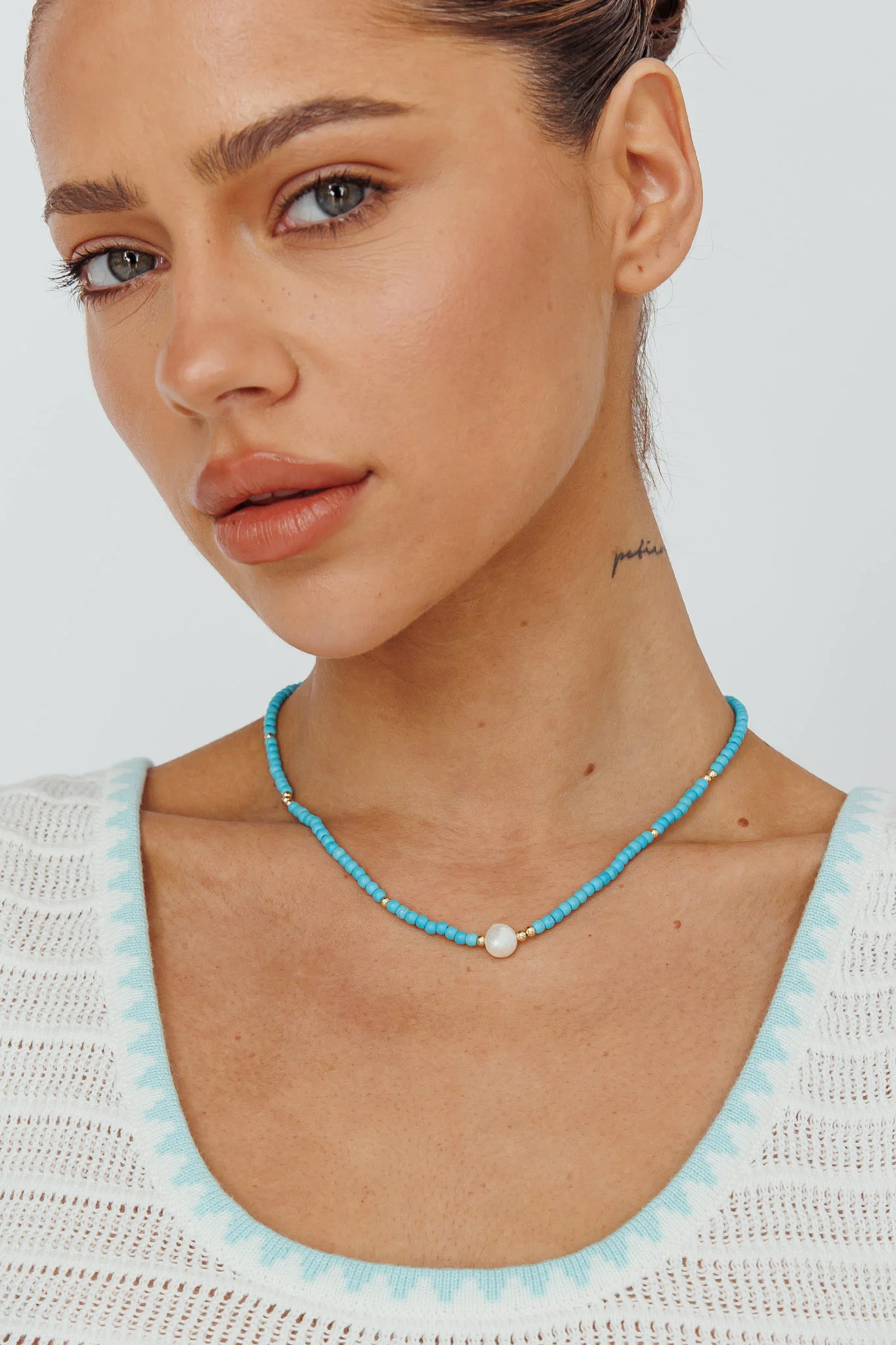 Ibiza Turquoise Bead Pearl Necklace Gold - Image 3
