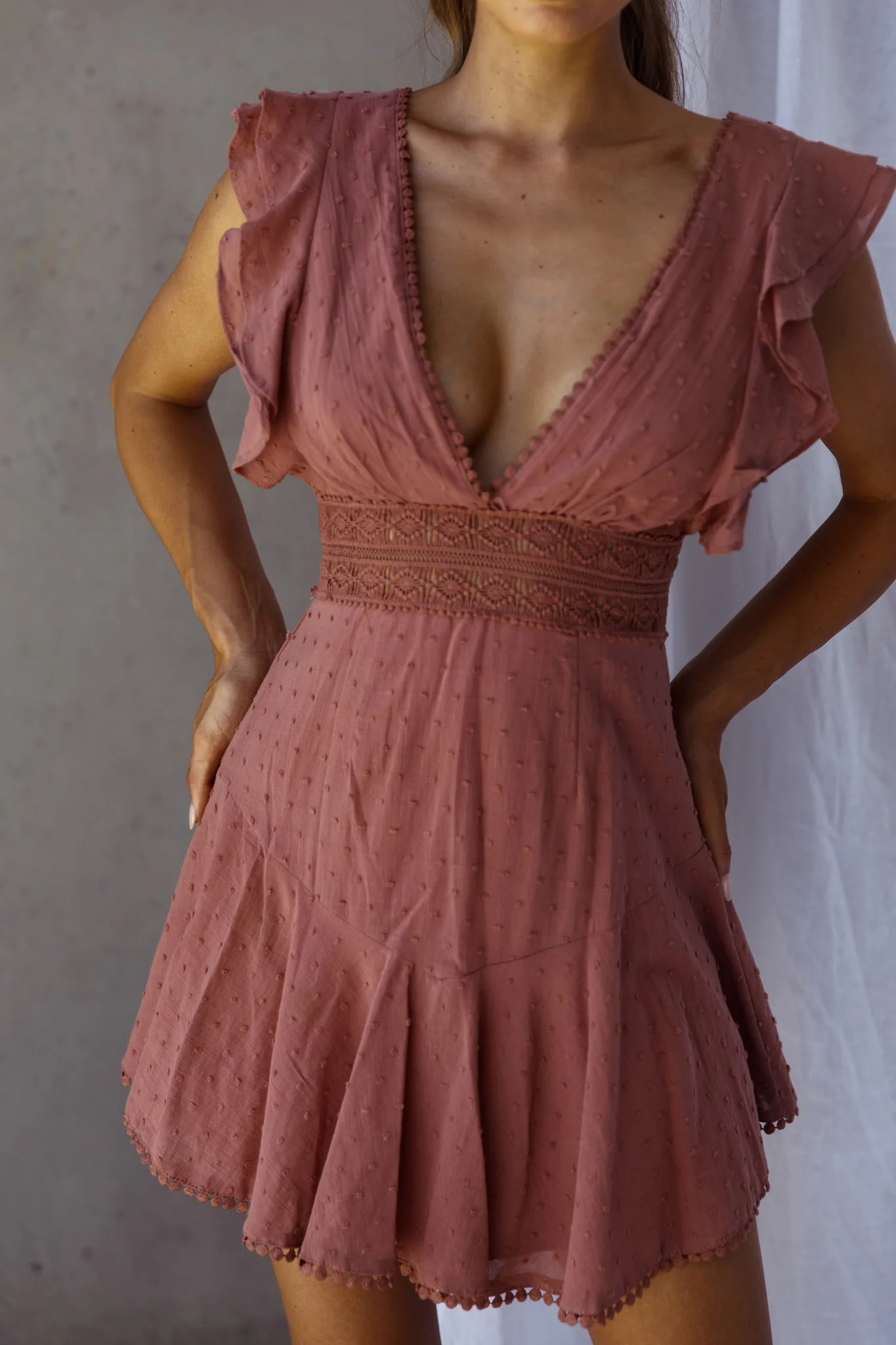 Idyllwild Ruffle Shoulder Mini Dress Rose - Image 4
