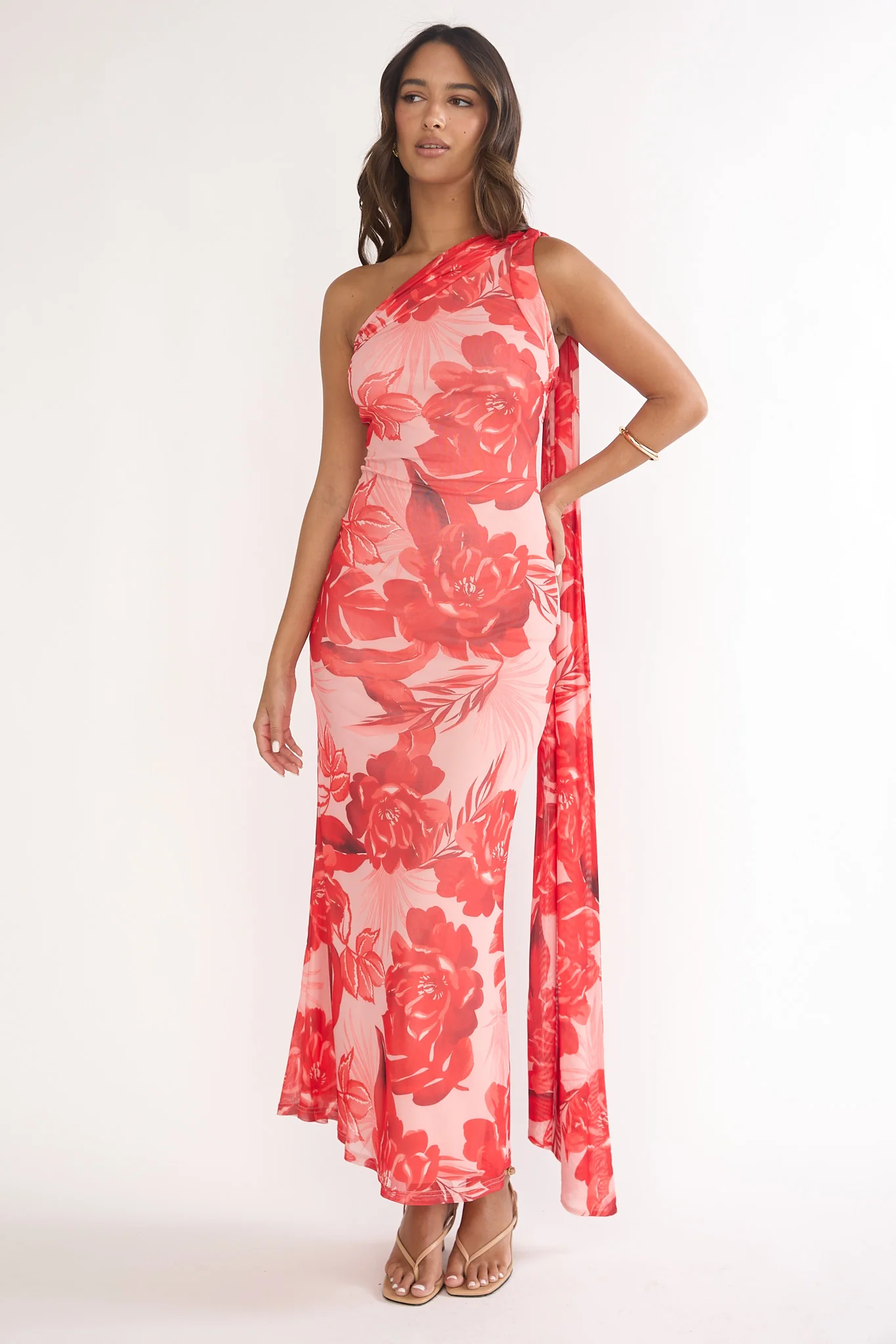 Ilyse Neck Scarf One-Shoulder Maxi Dress Floral Red - Image 6