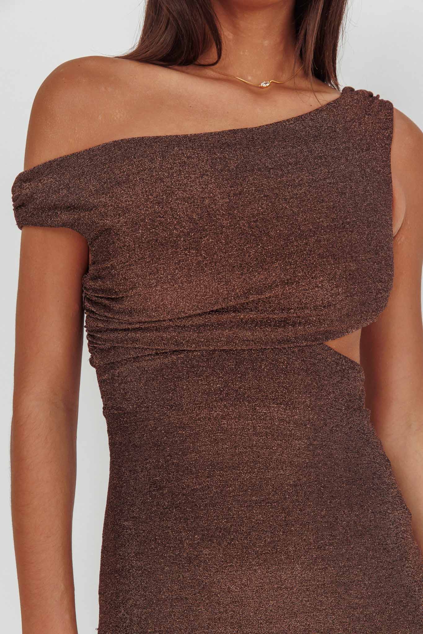 In Blooms Asymmetric Neckline Maxi Dress Shimmer Chocolate - Image 3
