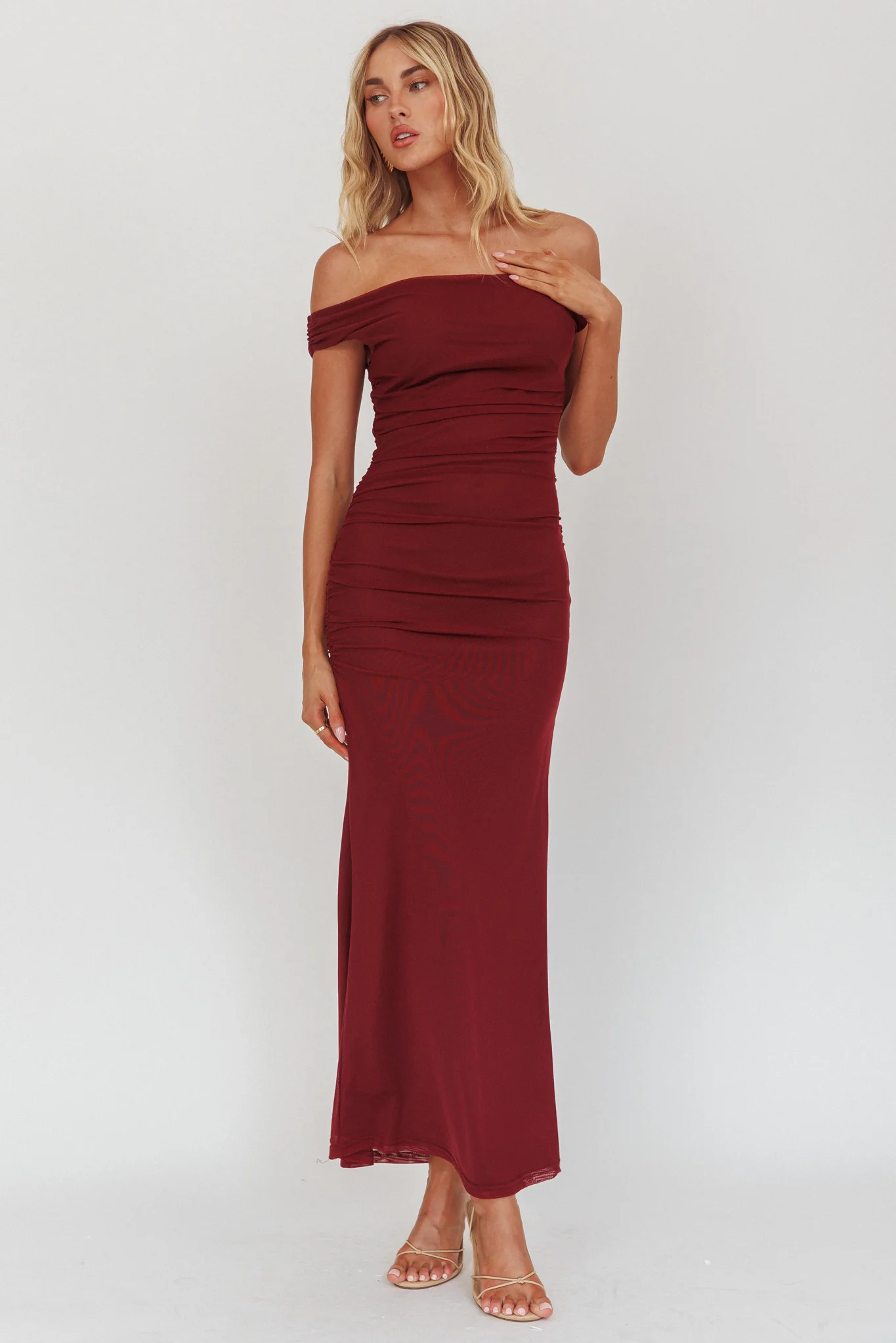 In Blooms Off Shoulder Mesh Midi Dress Wine - Image 2