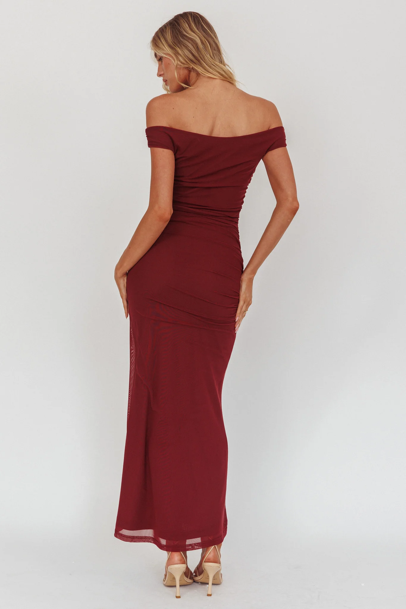 In Blooms Off Shoulder Mesh Midi Dress Wine - Image 3