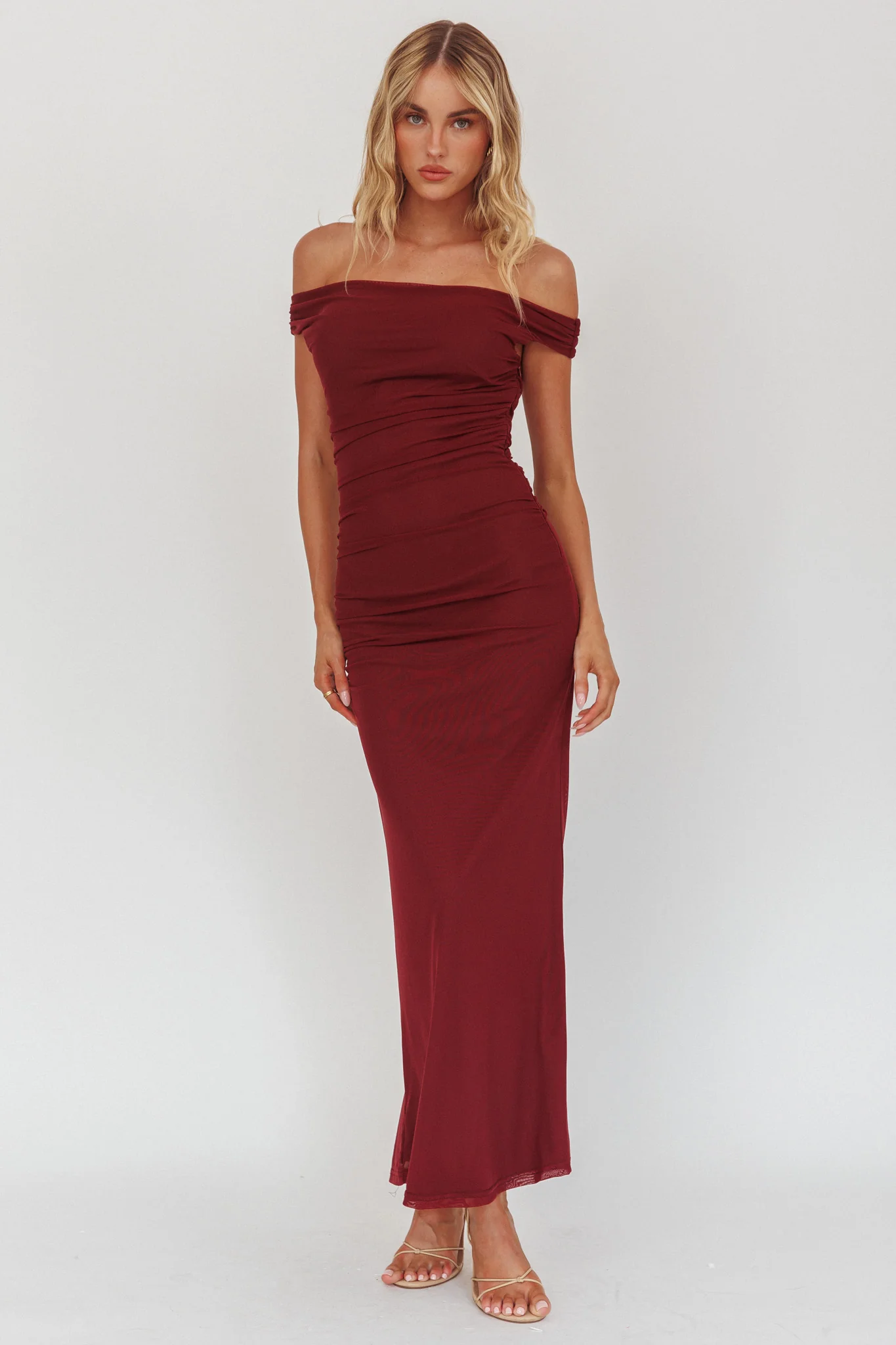 In Blooms Off Shoulder Mesh Midi Dress Wine - Image 5