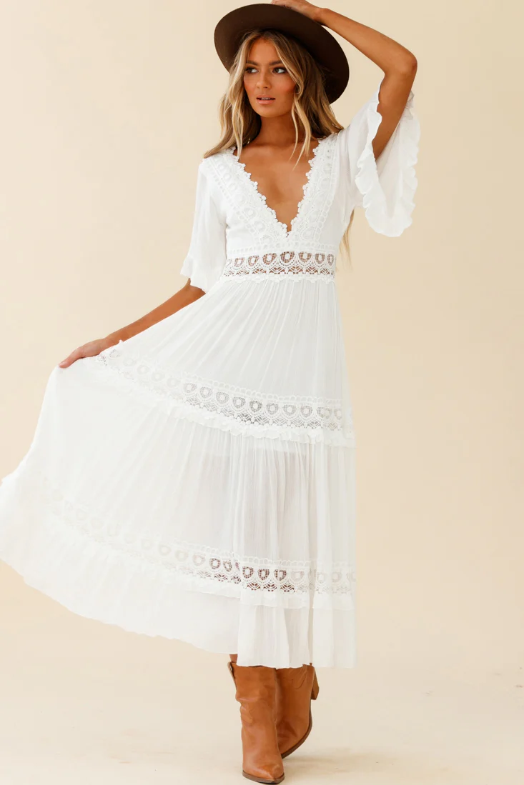 Indio Crochet Insert Deep V-Neckline Angel Sleeve Maxi Dress White - Image 5