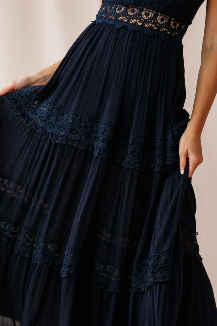 Indio Crochet Insert Deep V-Neckline Maxi Dress Navy - Image 5