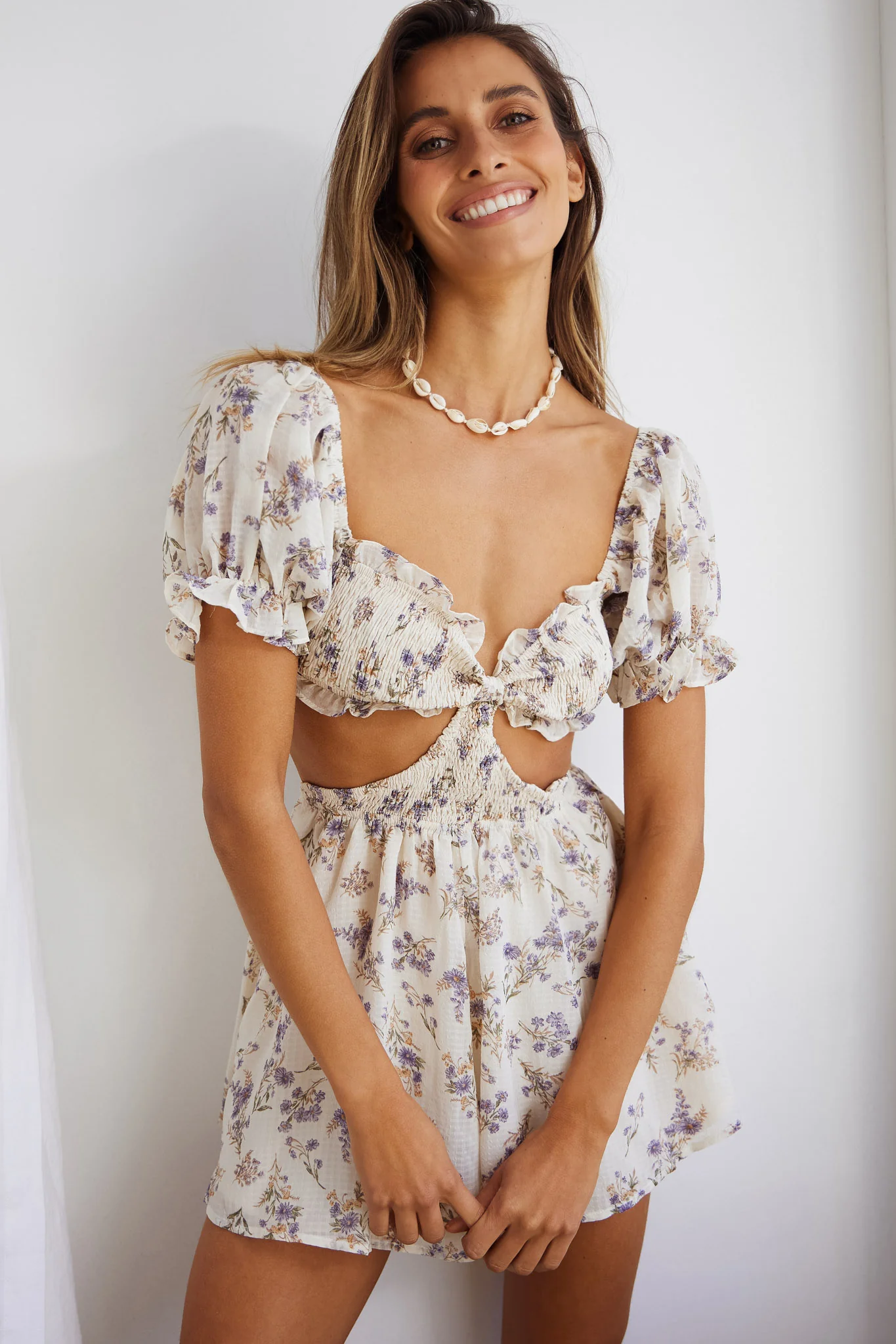 Ines Shirred Puff Sleeve Buckle Back Romper Floral Print White - Image 4