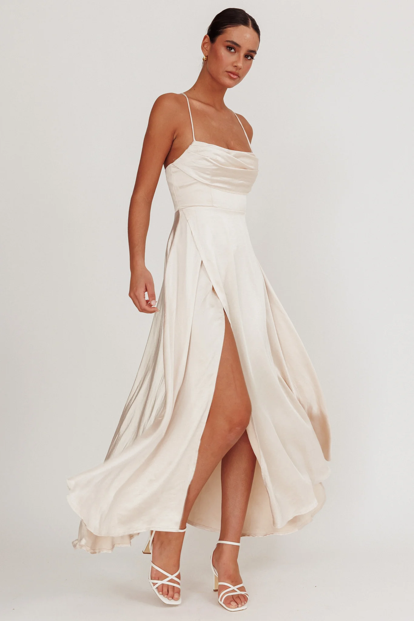 Inner Light Gathered Bust Split Maxi Dress Champagne - Image 2