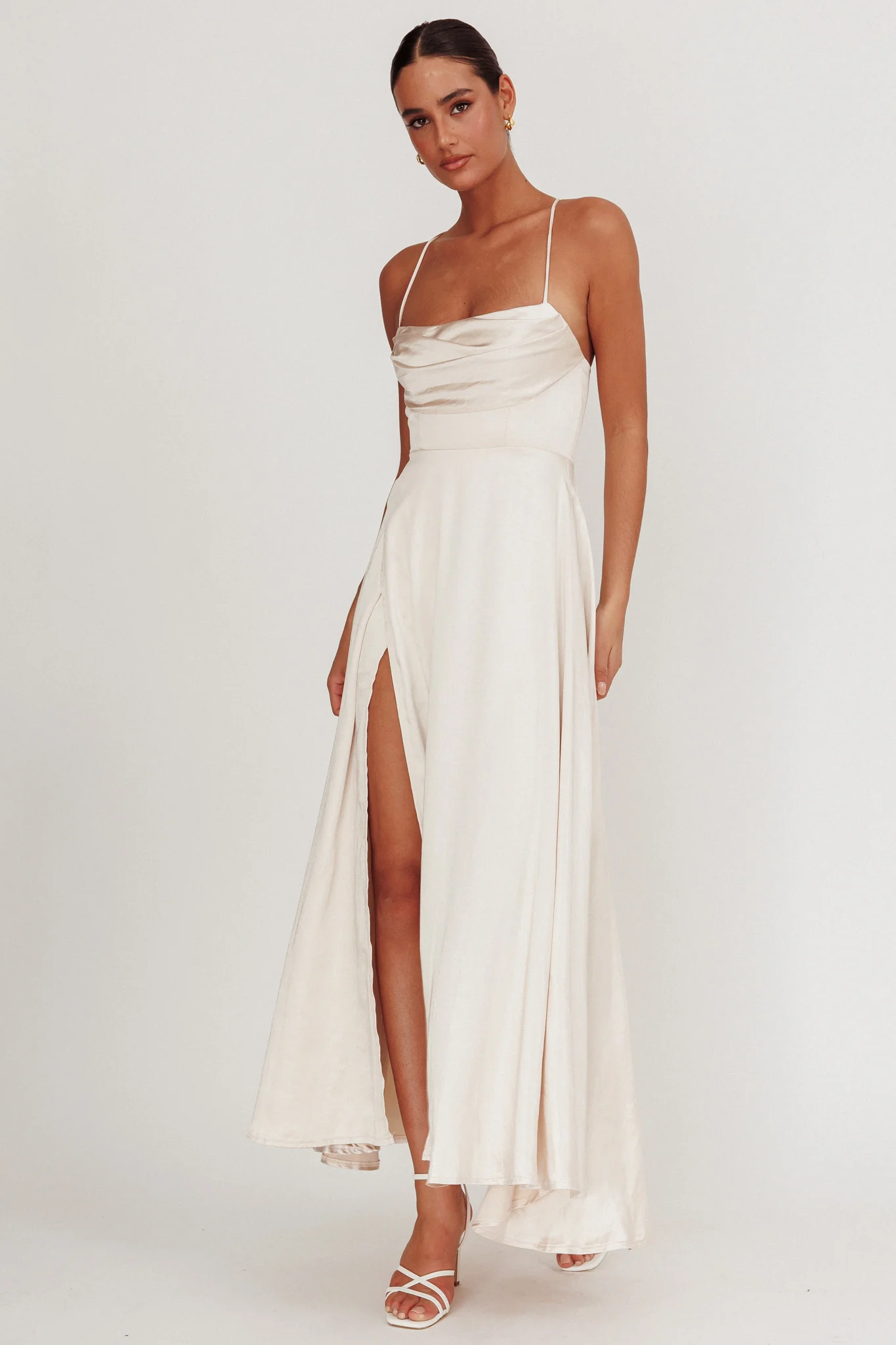 Inner Light Gathered Bust Split Maxi Dress Champagne - Image 4