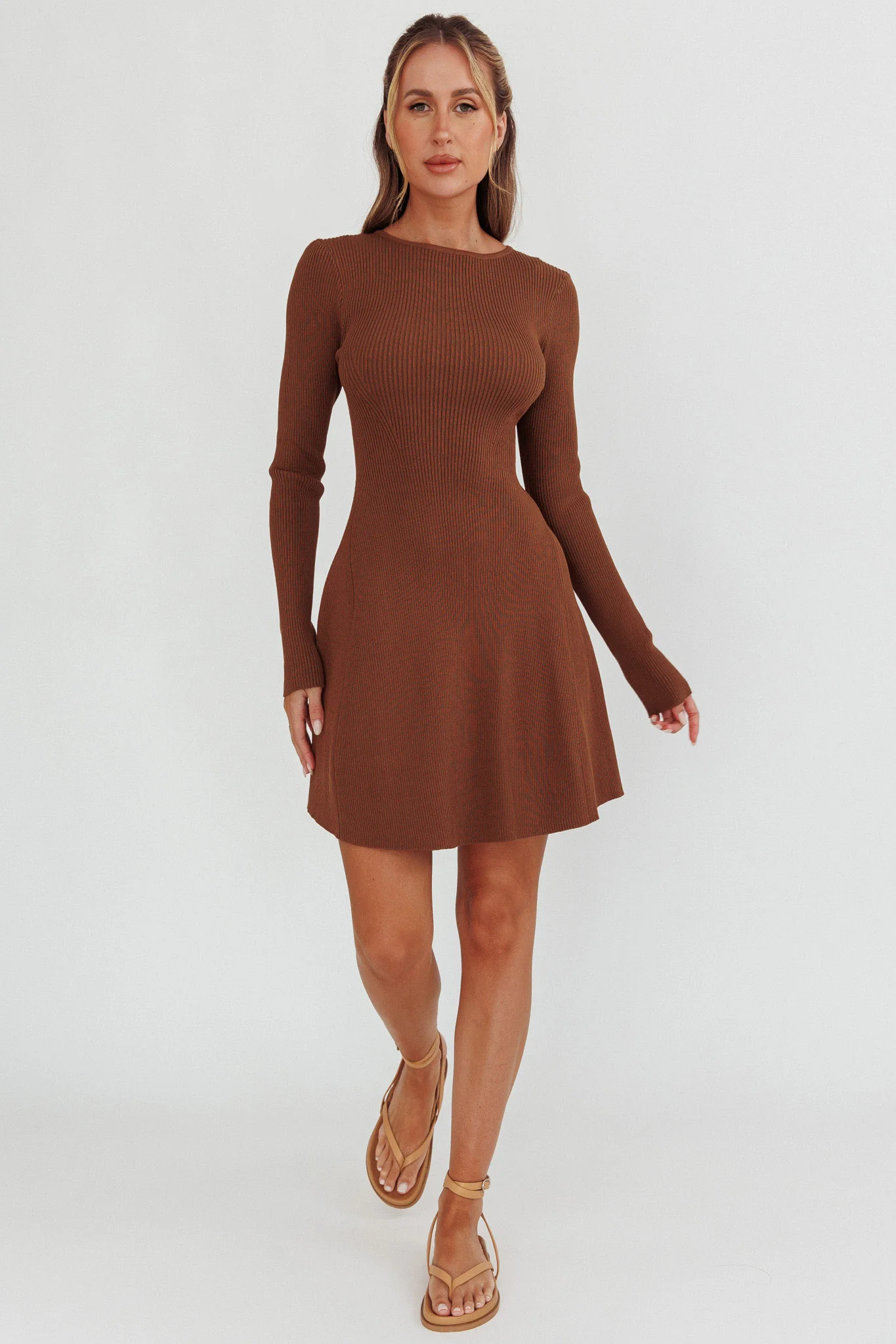 Intuitions Long Sleeve Ribbed Knit Dress Chocolate - Image 3