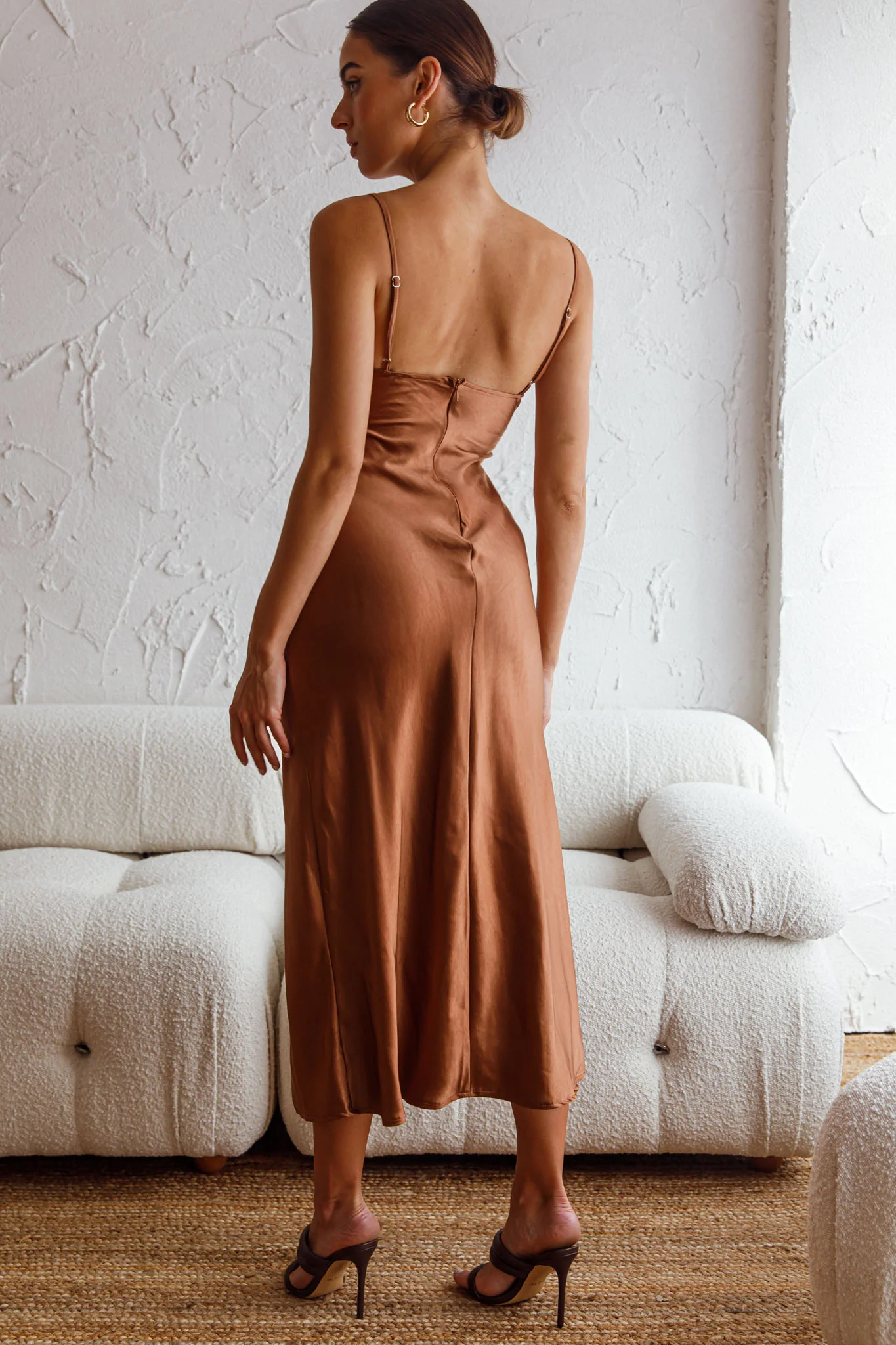 Invite Only Twisted Bust Satin Midi Dress Chocolate - Image 2