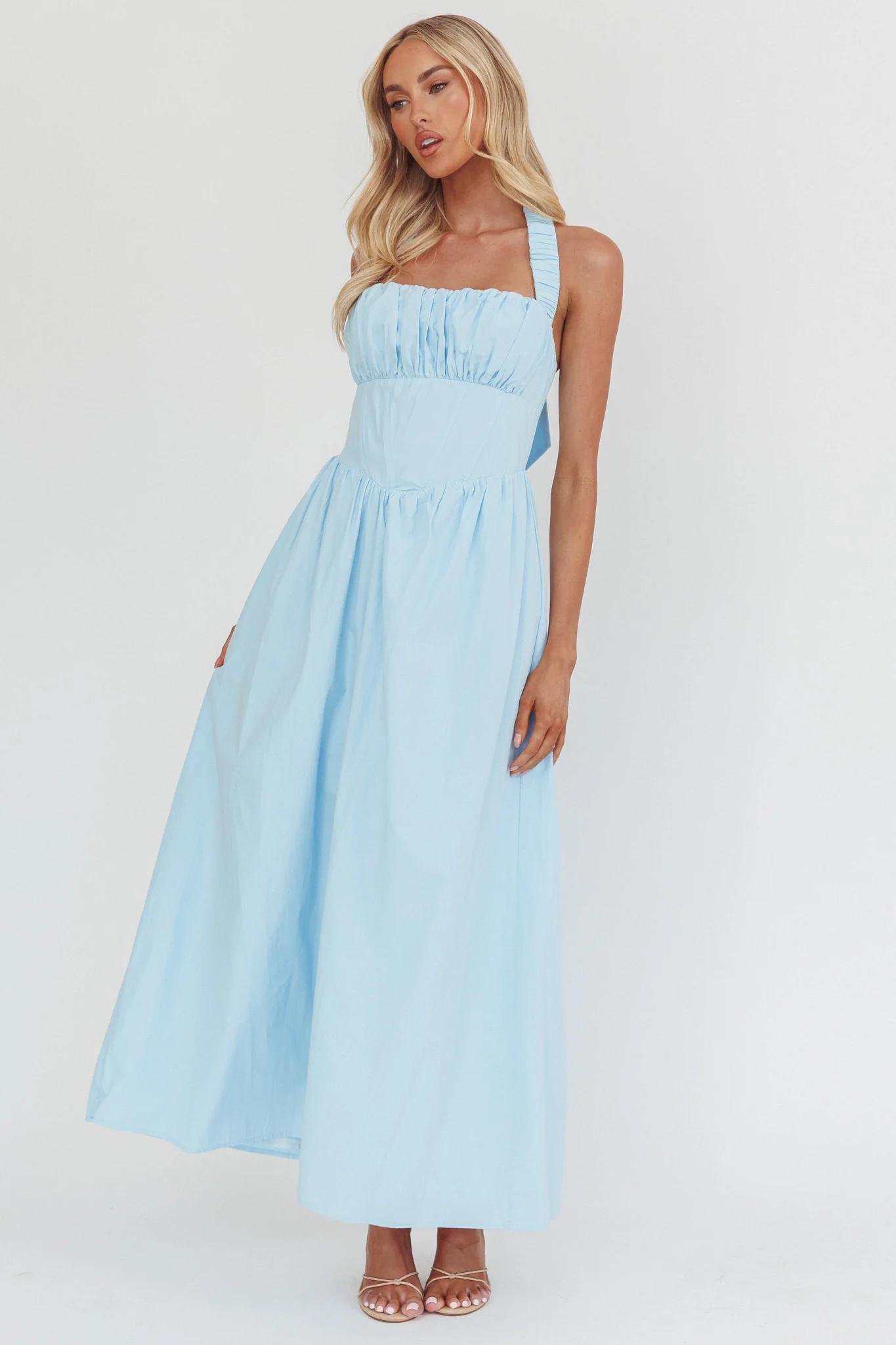 Irisa Elasticated Halter Maxi Dress Ice Blue - Image 3