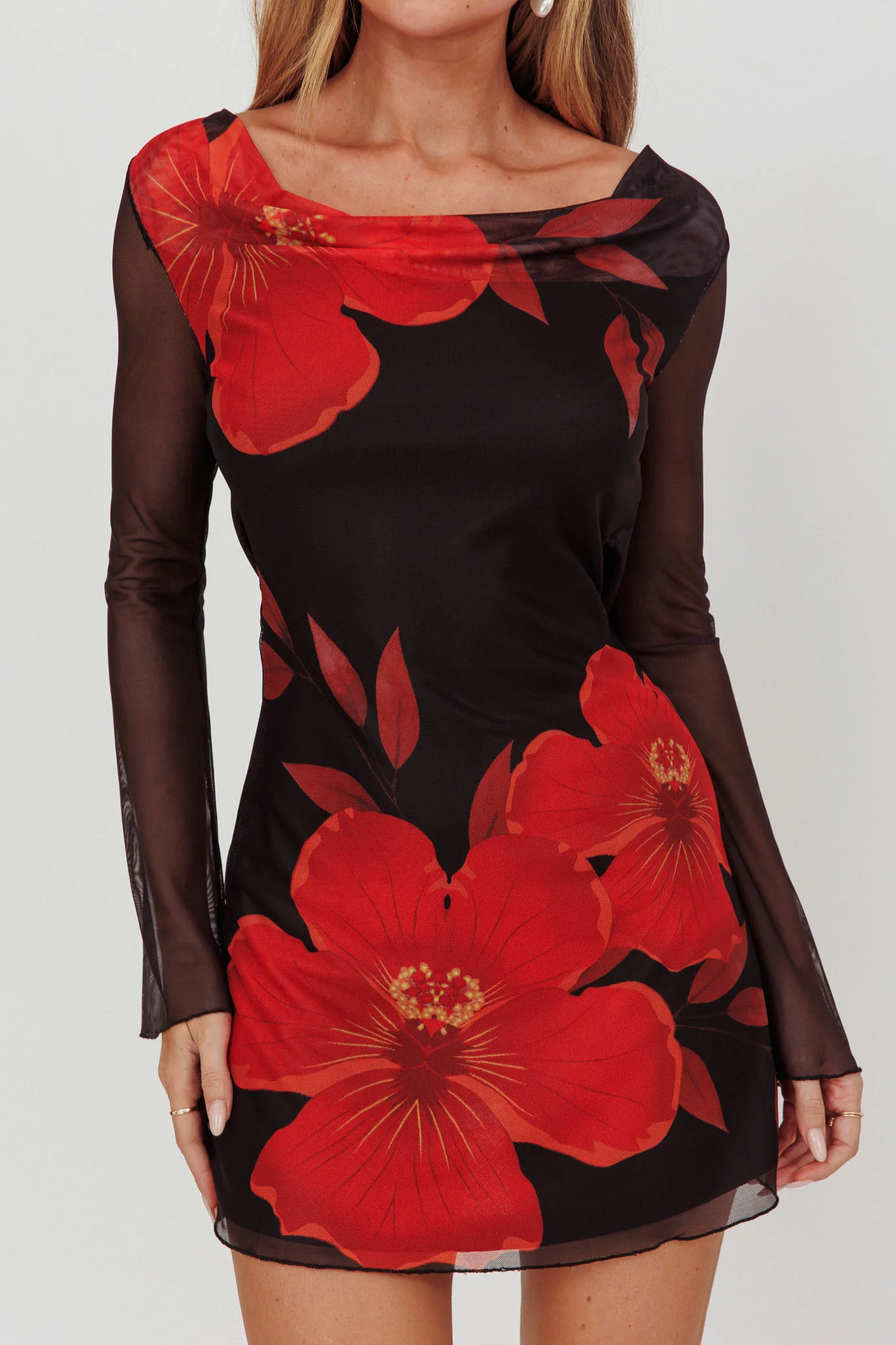 Isabella Long Sleeve Backless Mini Dress Hibiscus Black - Image 4