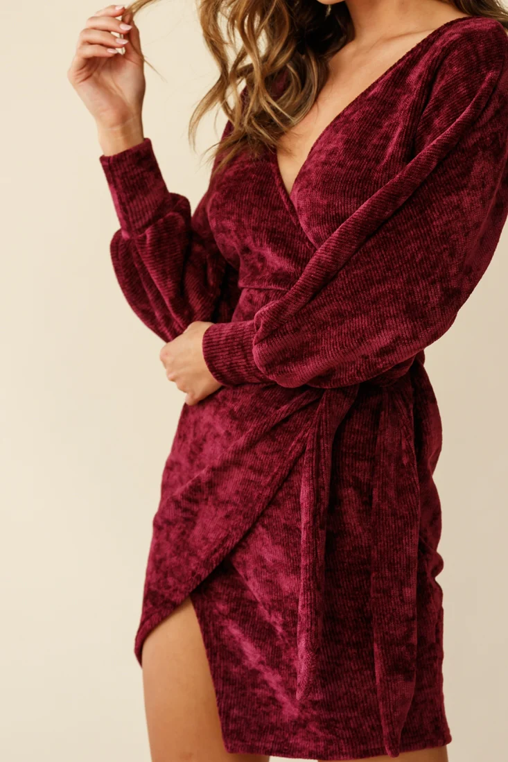 Isolde Ribbed Velour Wrap Dress Plum - Image 5
