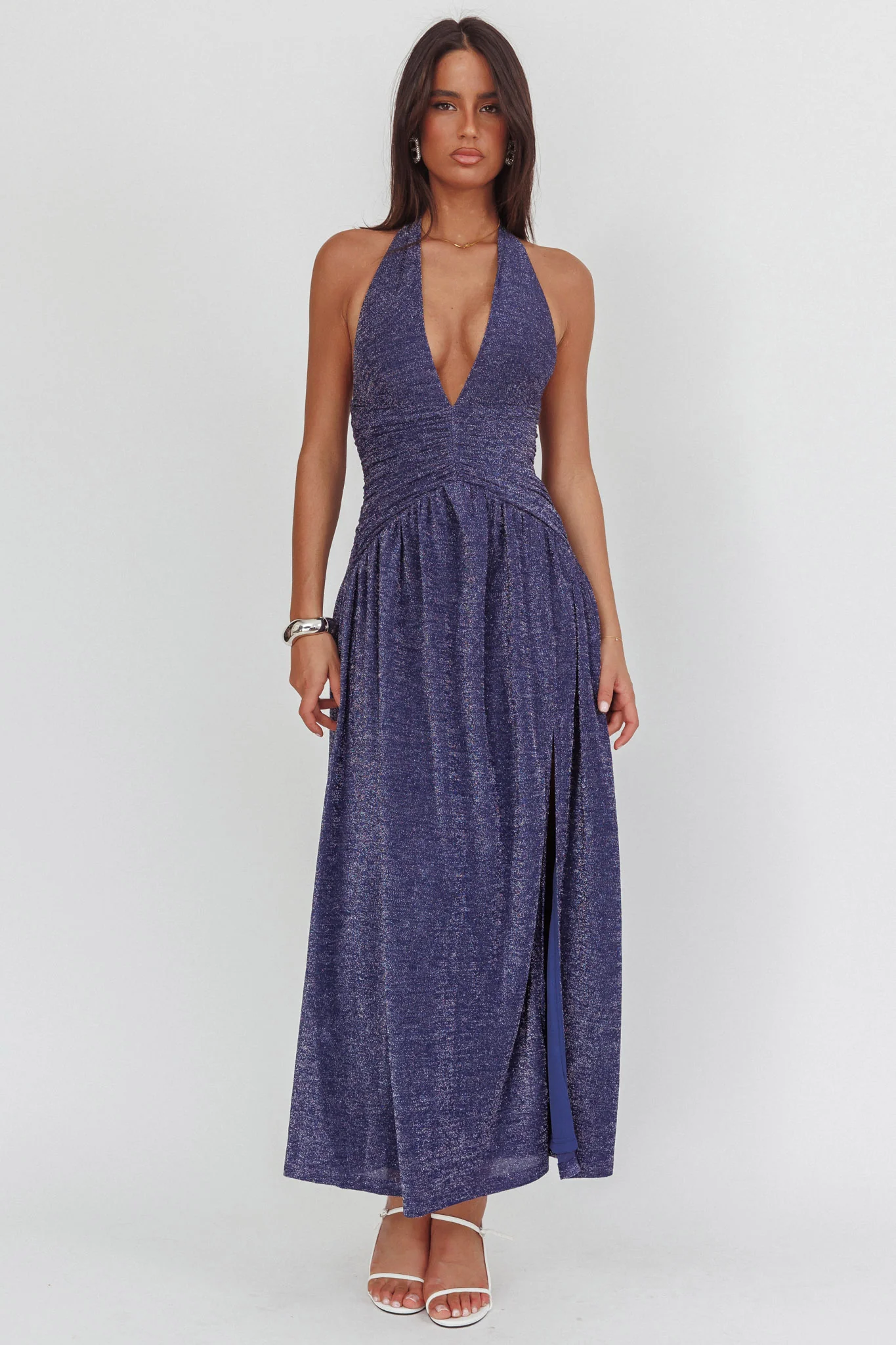 Italia Azure Gathered Waist Maxi Dress Shimmer Navy - Image 5