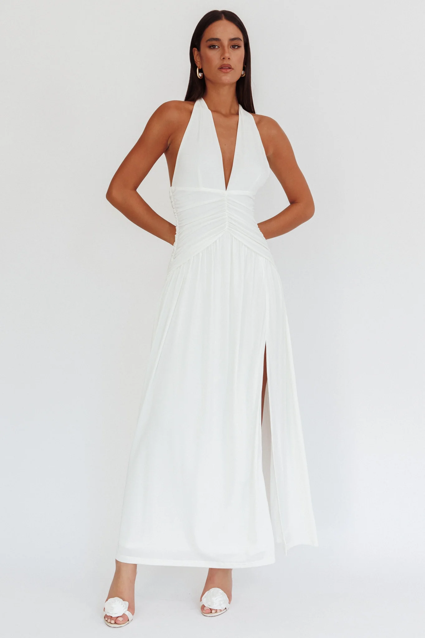 Italia Azure Gathered Waist Maxi Dress White - Image 4
