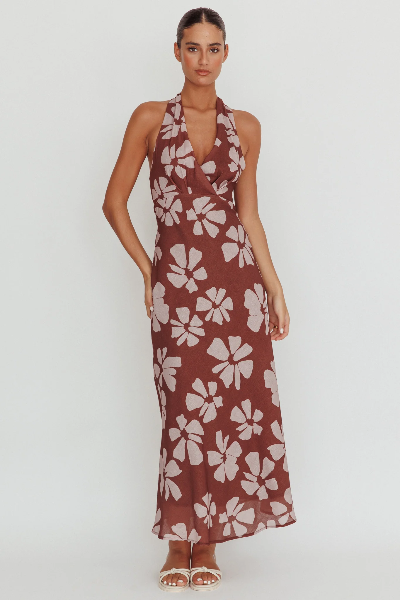 Italia Azure Halterneck Floral Maxi Dress Brown - Image 5