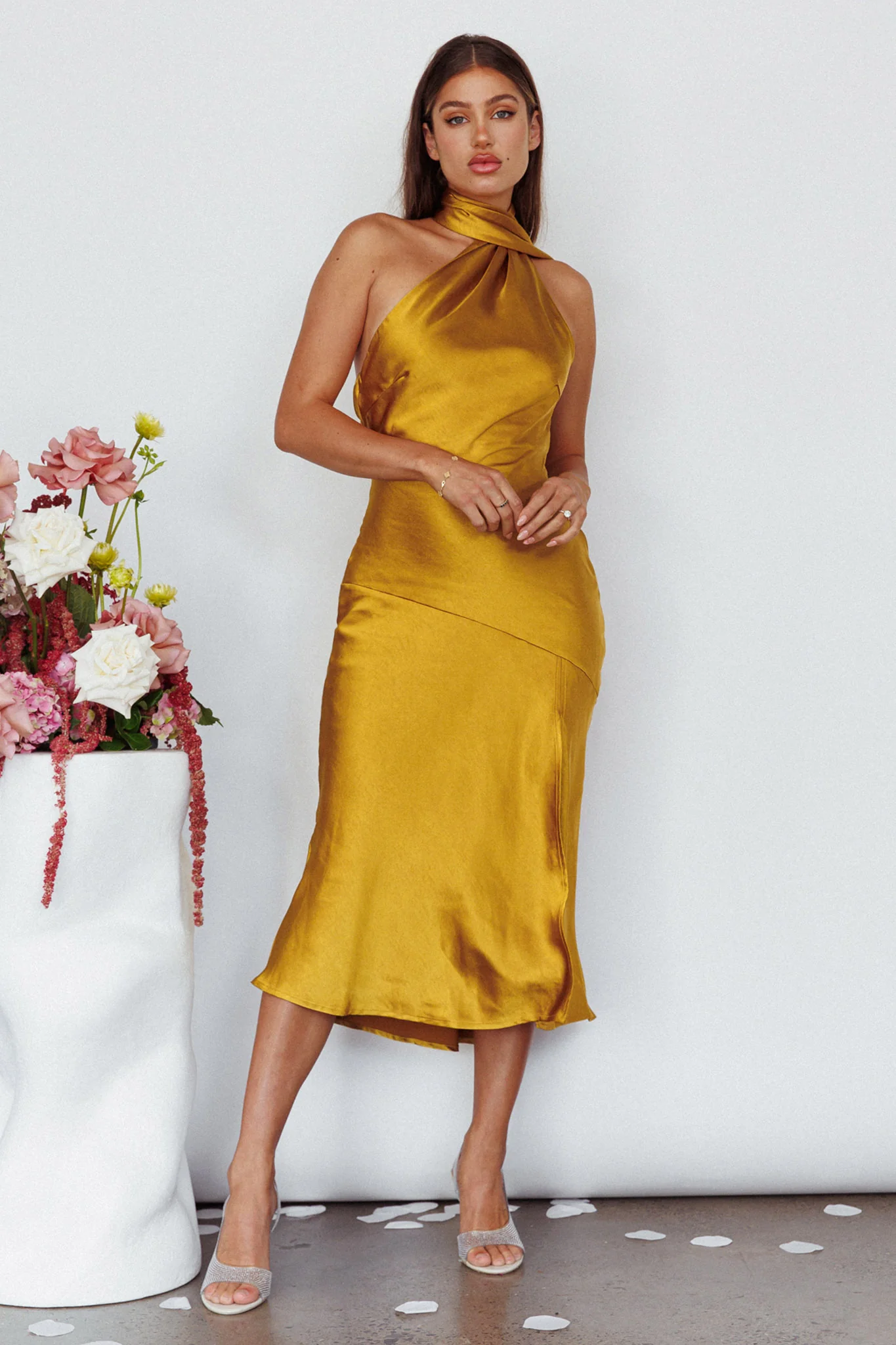 Italian Summer Tie Neck Midi Dress Mustard - Image 3