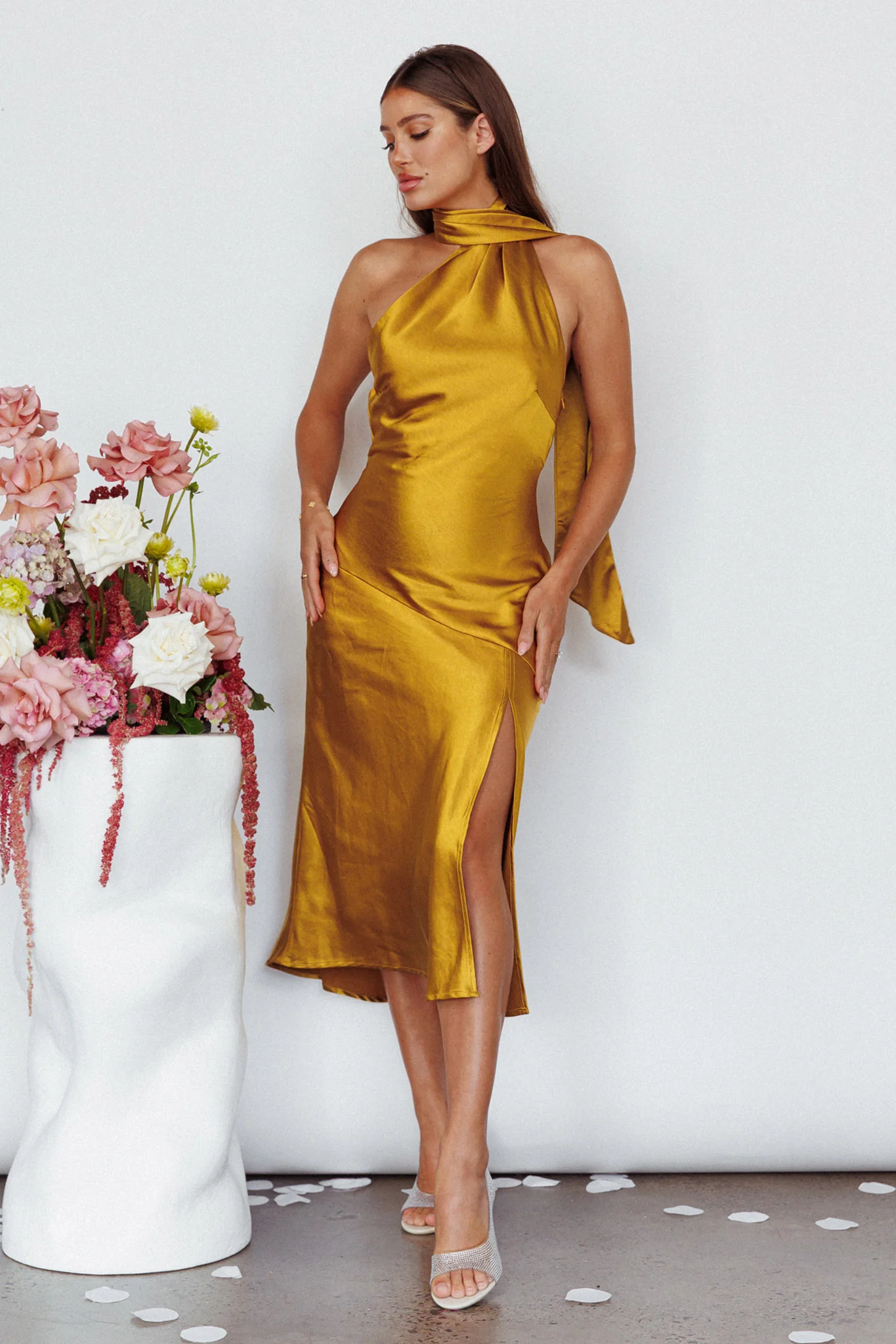 Italian Summer Tie Neck Midi Dress Mustard - Image 6