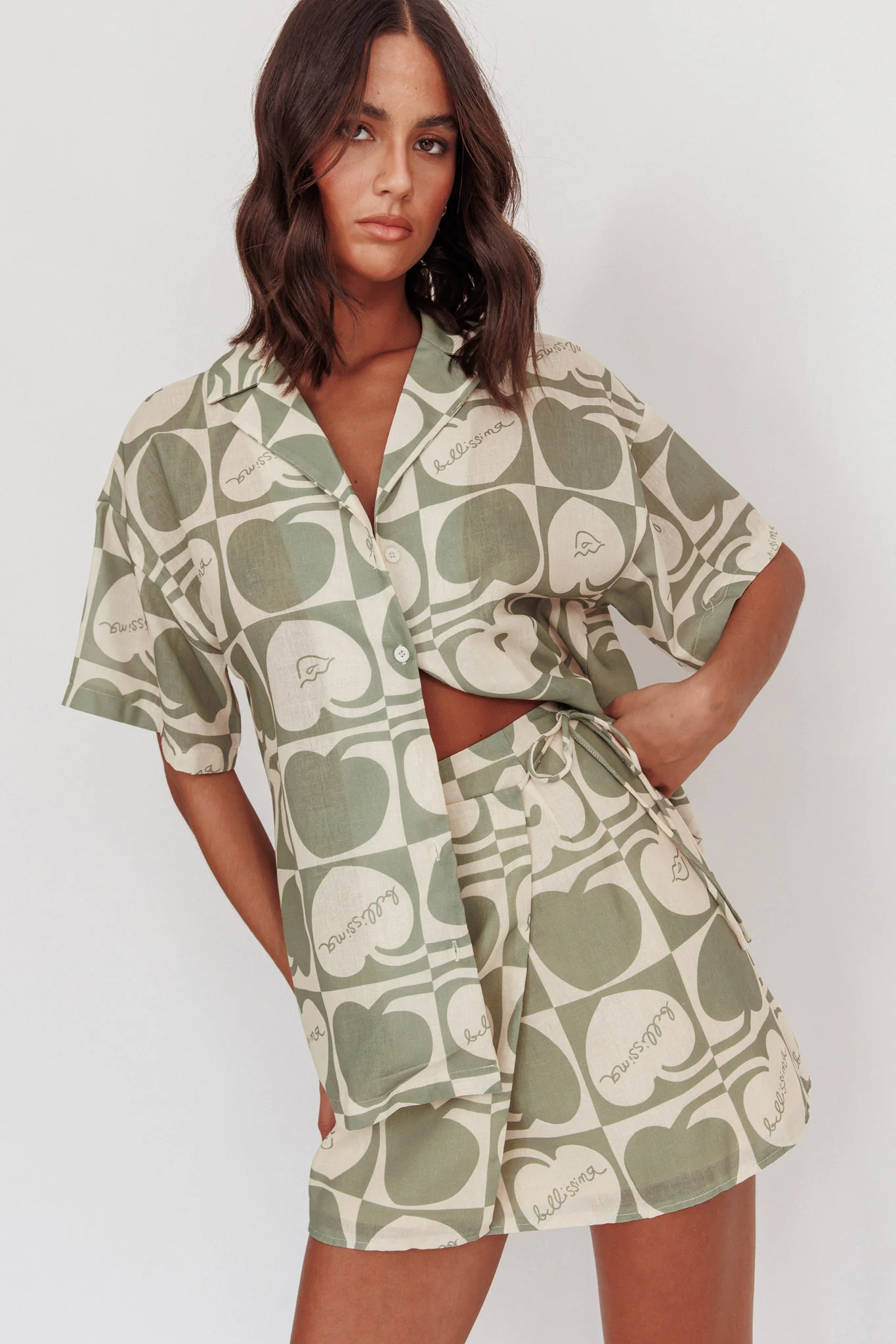 Ithaca Cherry Print Mini Wrap Skirt Sage Beige - Image 3