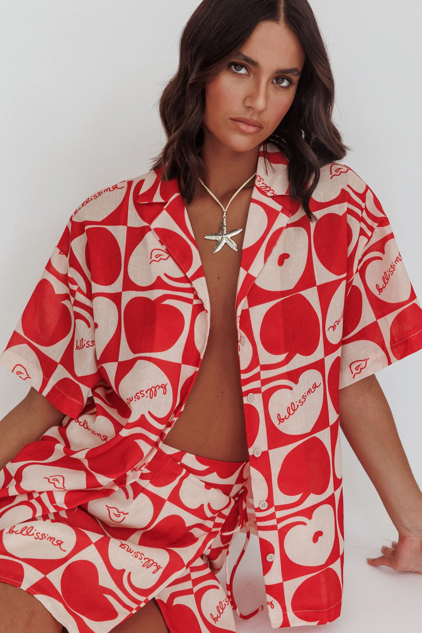 Ithaca Cherry Print Short Sleeve Shirt Red Beige - Image 2
