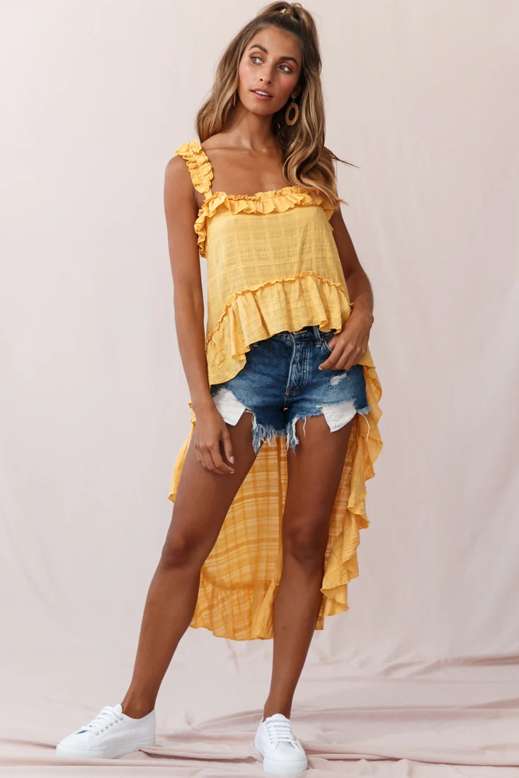 Jacinta High-Low Ruffle Strap Top Mustard - Image 5