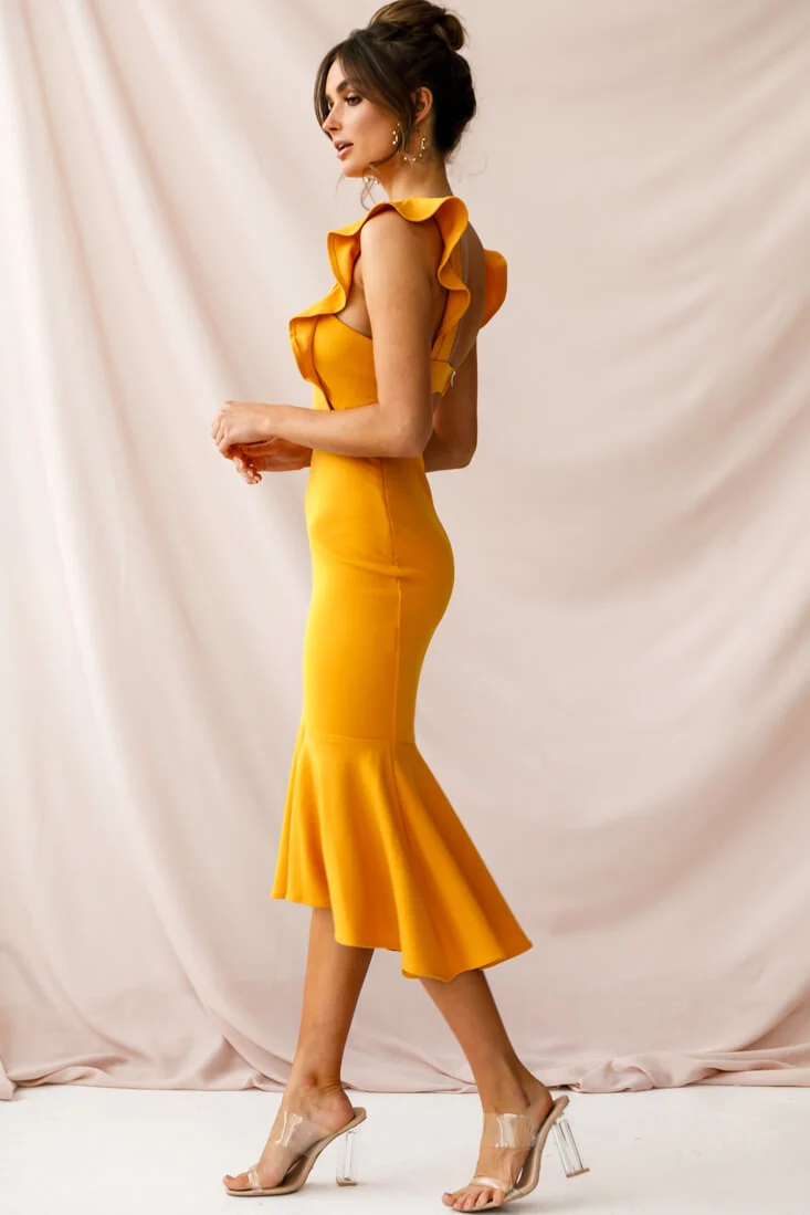 Jackie Wide Ruffle Hem Pinafore Midi Dress Mustard - Image 2