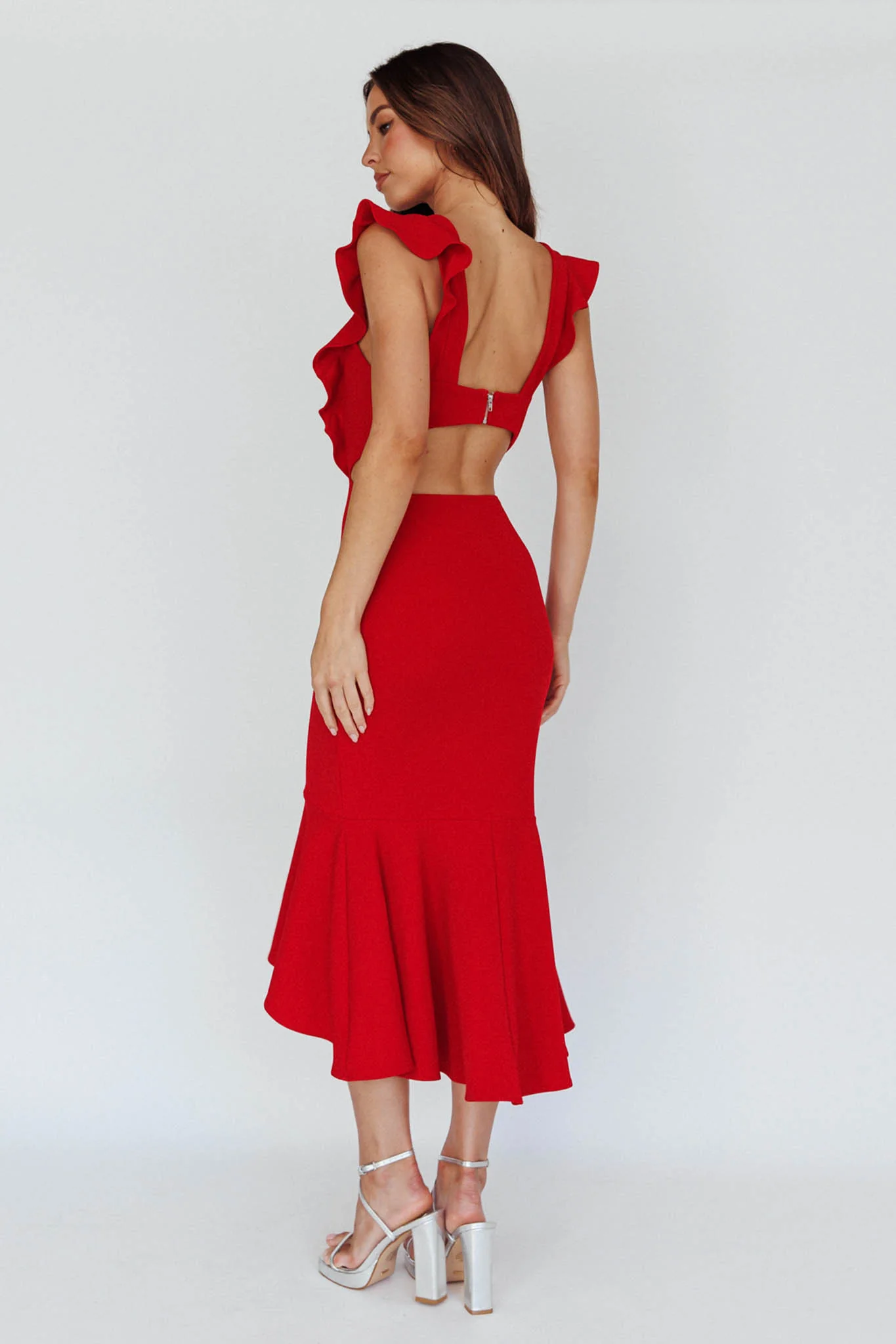 Jackie Wide Ruffle Hem Pinafore Midi Dress Red - Image 3