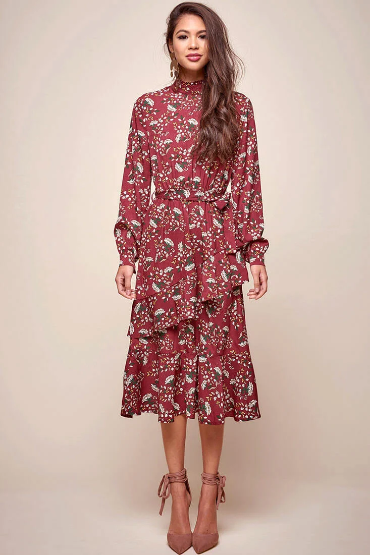 Jackson Waist Tie Bell Sleeve Dress Red Wine - Image 3