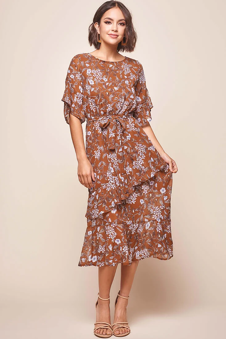 Jackson Waist Tie Ruffle Dress Rust Print - Image 2