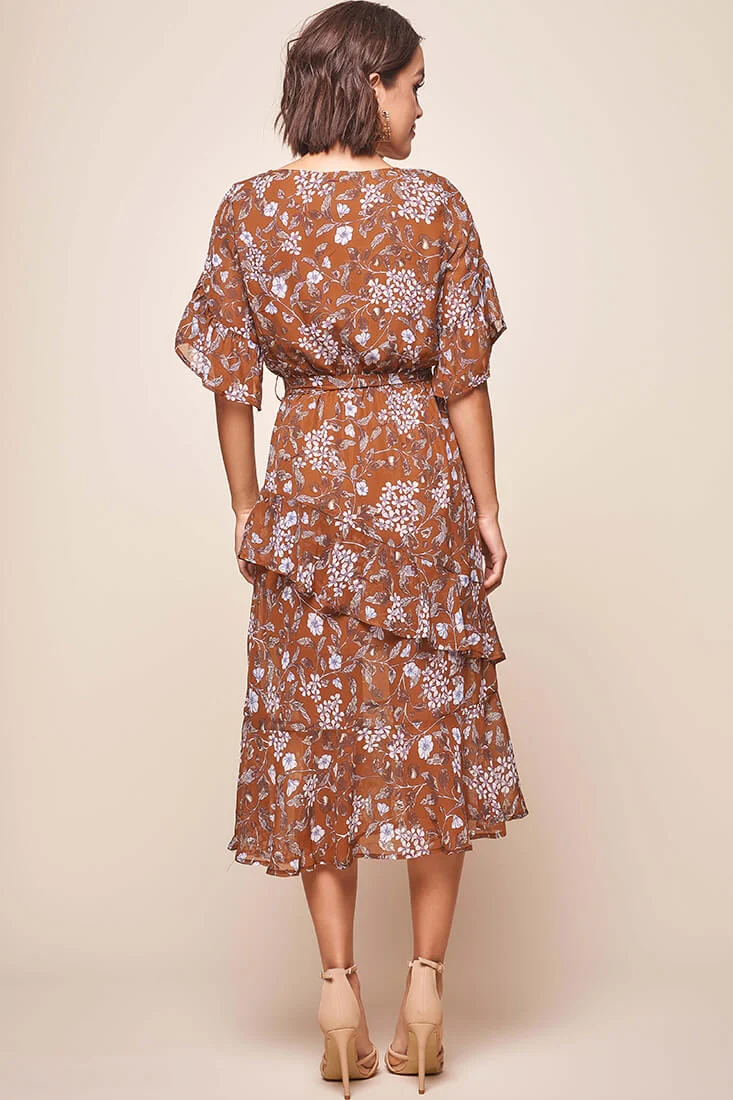 Jackson Waist Tie Ruffle Dress Rust Print - Image 4